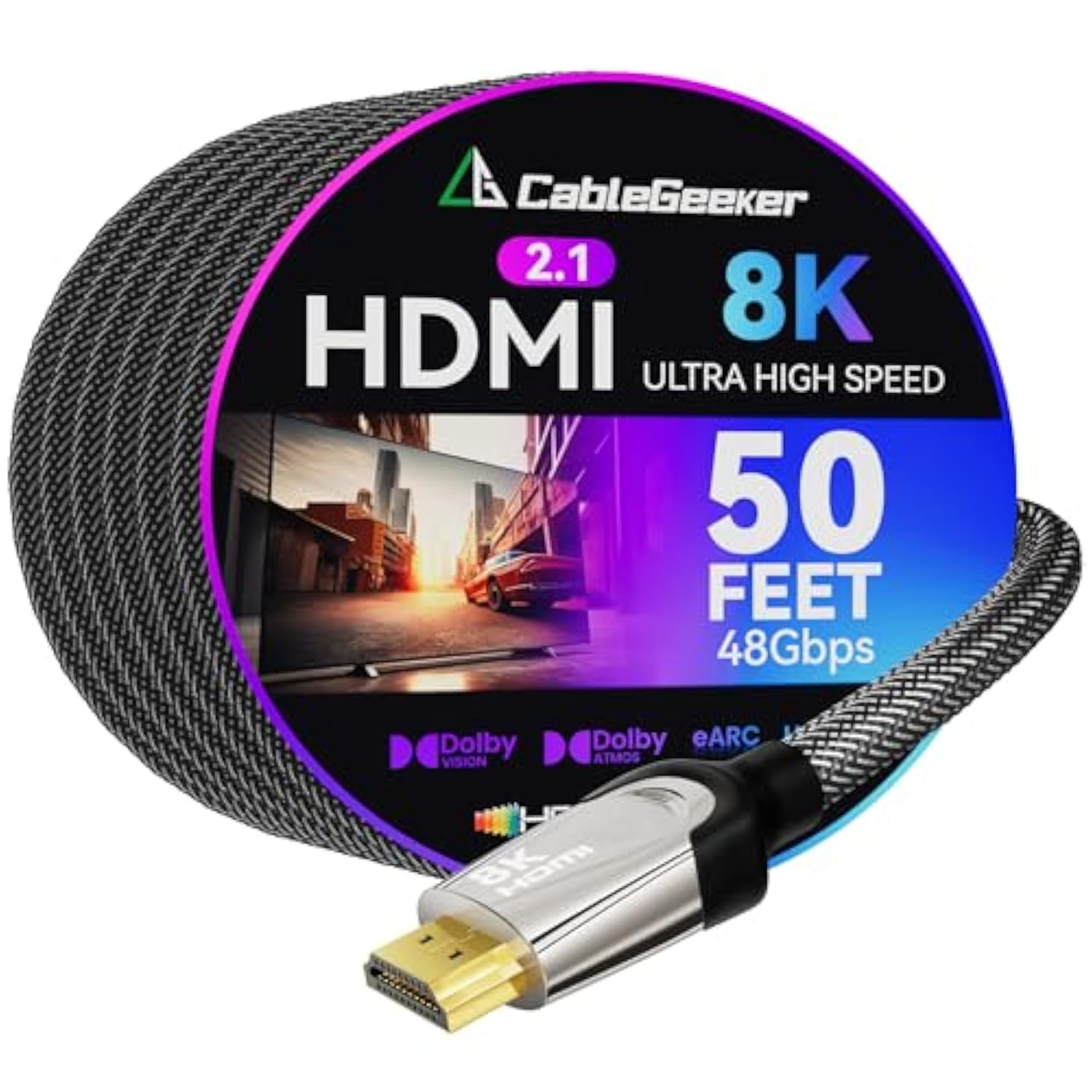 Long 8K Hdmi 2.1 Cable 50Ft, 48Gbps Ultra Hd Lead High Speed Cord Connector, S