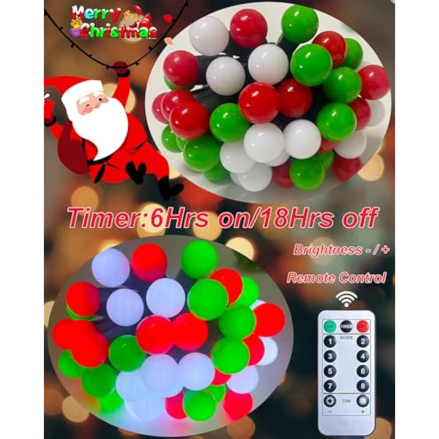Battery Powered Christmas Lights Indoor, 18.9Ft Christmas Decorative Light With 50 Led Red White Green Globe Fairy Light