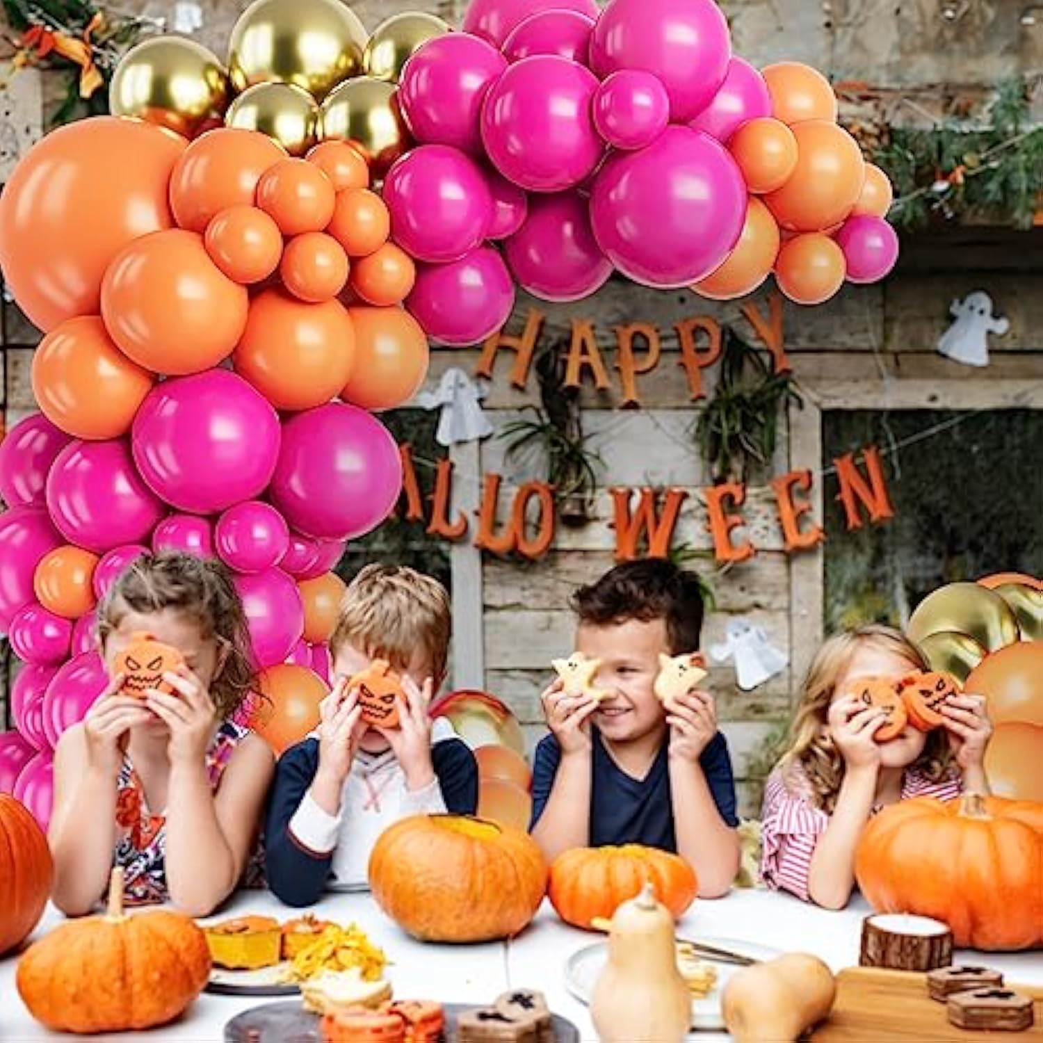 Hot Pink And Orange Balloon Arch Garland Kit-Metallic Gold Balloon 132Pcs For Princess Birthday,Engagement,Graduation,Hawaii,Baby Shower,Thanksgiving.