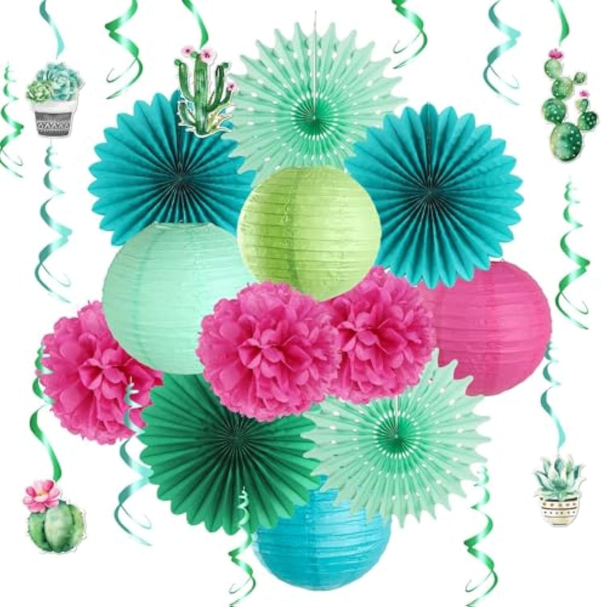 Summer Party Decoration Hanging Cactus Swirls Paper Lanterns Paper Fans Kit For Hawaiian Luau Party Tropical Party Baby Shower Birthday Party Supplies