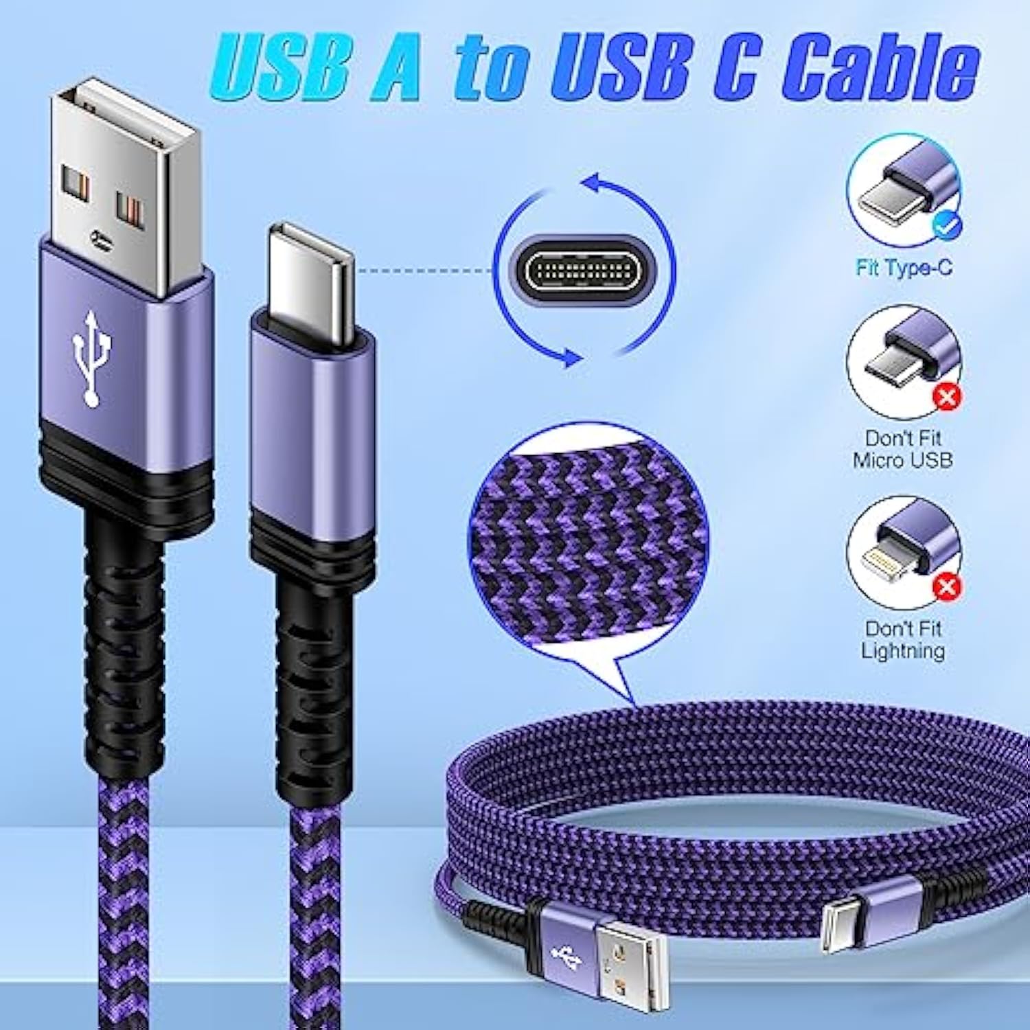 Type C Charger Cable Fast Charging, [10Ft,3Pack] Long Android Phone Charger Us