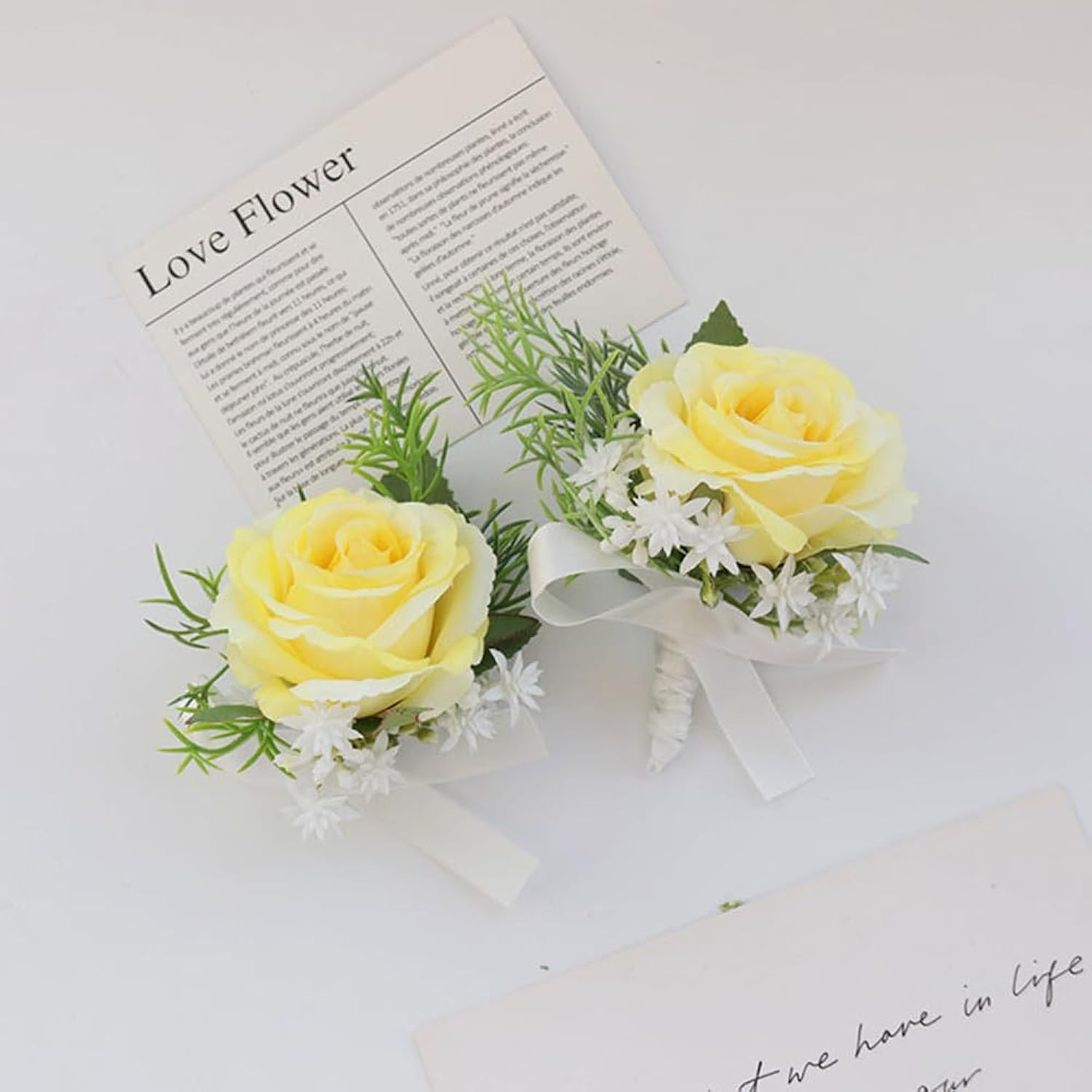 Corsage And Boutonniere Set, Handmade Artificial Peony Rose Wrist Corsage Wristlet And Groom Boutonniere For Men Wedding Prom Suit Decorations (Yellow)