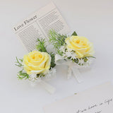 Corsage And Boutonniere Set, Handmade Artificial Peony Rose Wrist Corsage Wristlet And Groom Boutonniere For Men Wedding Prom Suit Decorations (Yellow)