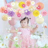 Spring Party Decorations Pastel Daisy Party Decorations Boho Rainbow Daisy Flower Hanging Swirls Poms Lanterns Pink Peach Banner White For Birthday Women Girl Baby Shower Bridal Shower Wedding