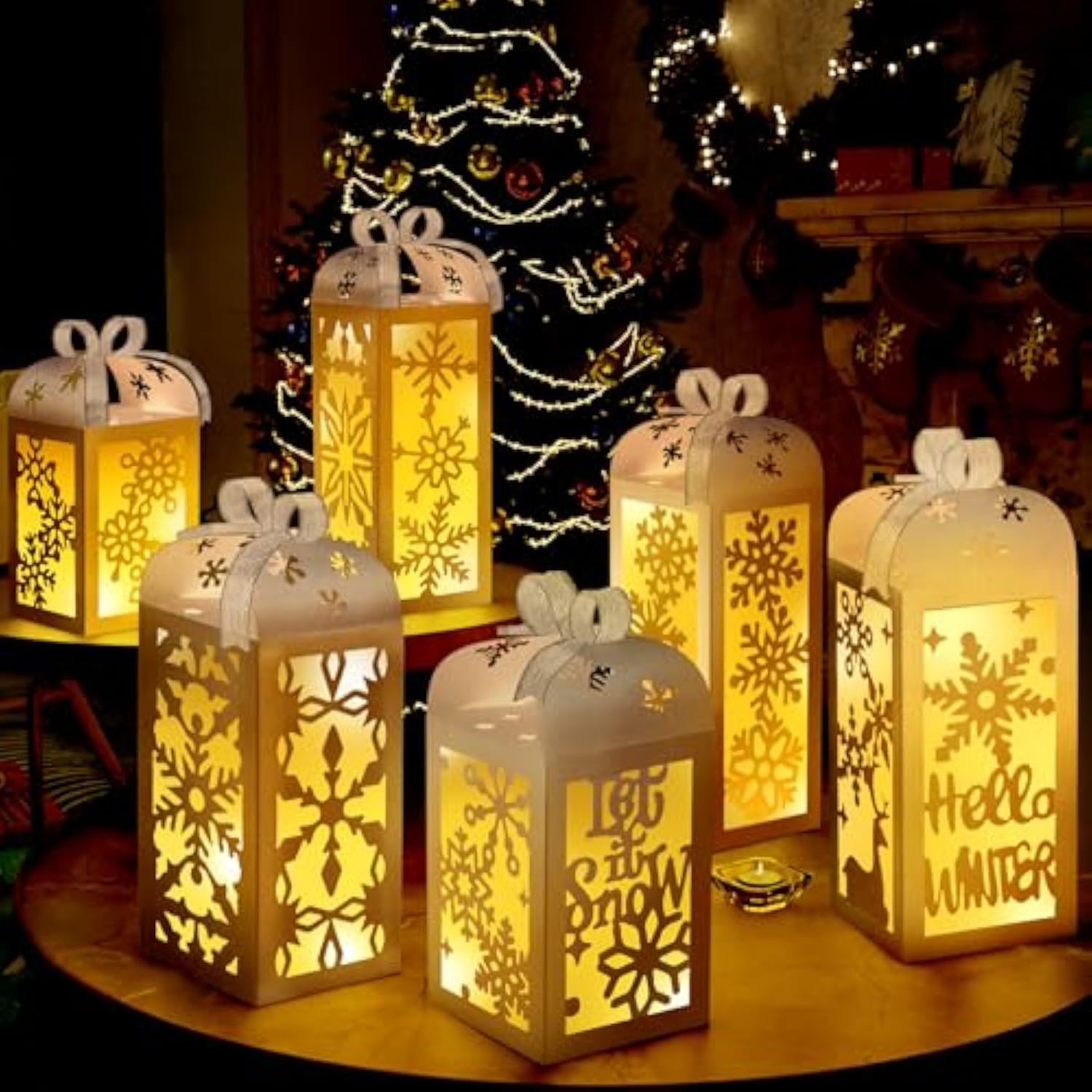 Christmas Centerpiece Table Decorations, 6Pcs Light Up White Snowflake Paper Lanterns Decorative Glitter Table Centerpiece Boxes For Winter Wonderland Christmas Holiday Party Home Decor