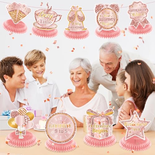9Pcs Rose Gold Retirement Party Decorations for Women Rose Gold Retirement Table Honeycomb Centerpieces for Table Decor Happy Retirement Table Topper Gift for Women Men Office Farewell Party Supplies