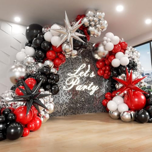 Red And Black Balloon Arch Kit With Star Balloons, Red Black And White Metallic Silver Balloon Arch Garland Kit For Birthday Prom Red Black Graduation 2024 Party Decorations
