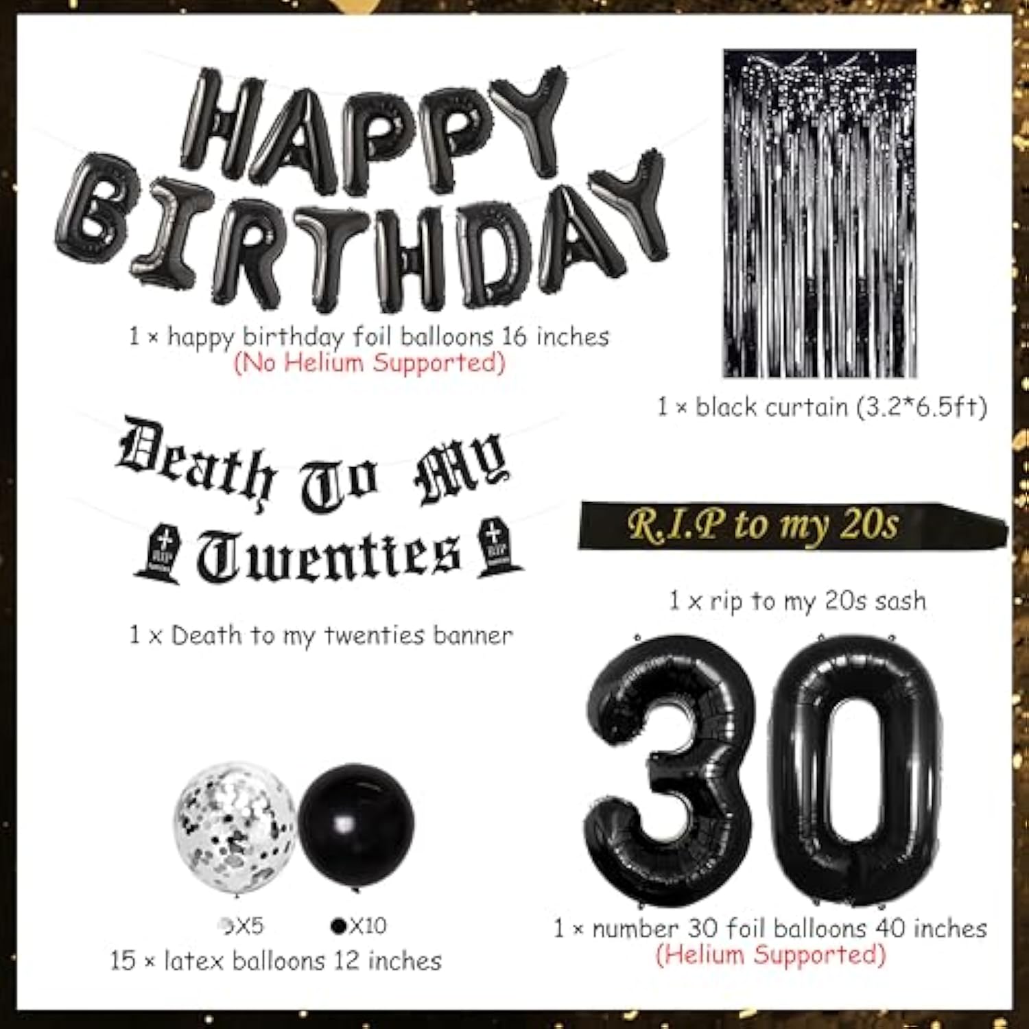 30Th Birthday Decorations For Him Her Black Death To My Twenties Banner Rip To My 20S Sash Number 30 Happy Birthday Balloon Banner Foil Curtain For Funny Thirtieth Party Supplies