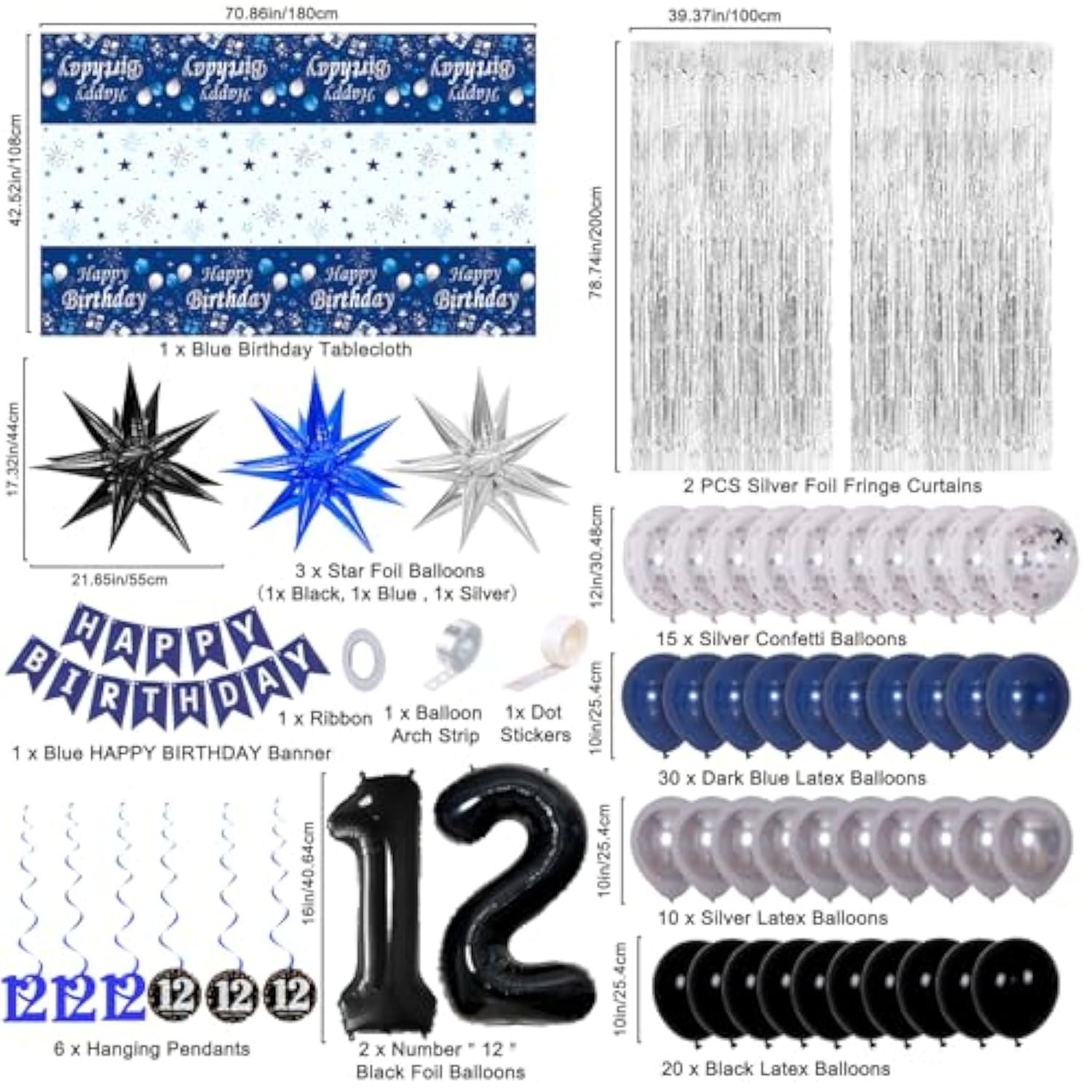 12Th Birthday Decorations For Boys And Girls Dark Blue, 12 Year Old Party Supplies With Happy Birthday Banner 12 Balloon Number Tablecloth Foil Star Balloons Garland Arch Kit