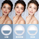 Rechargeable Selfie Ring Light 36 LEDs 3-Level Brightness Clips on Phone