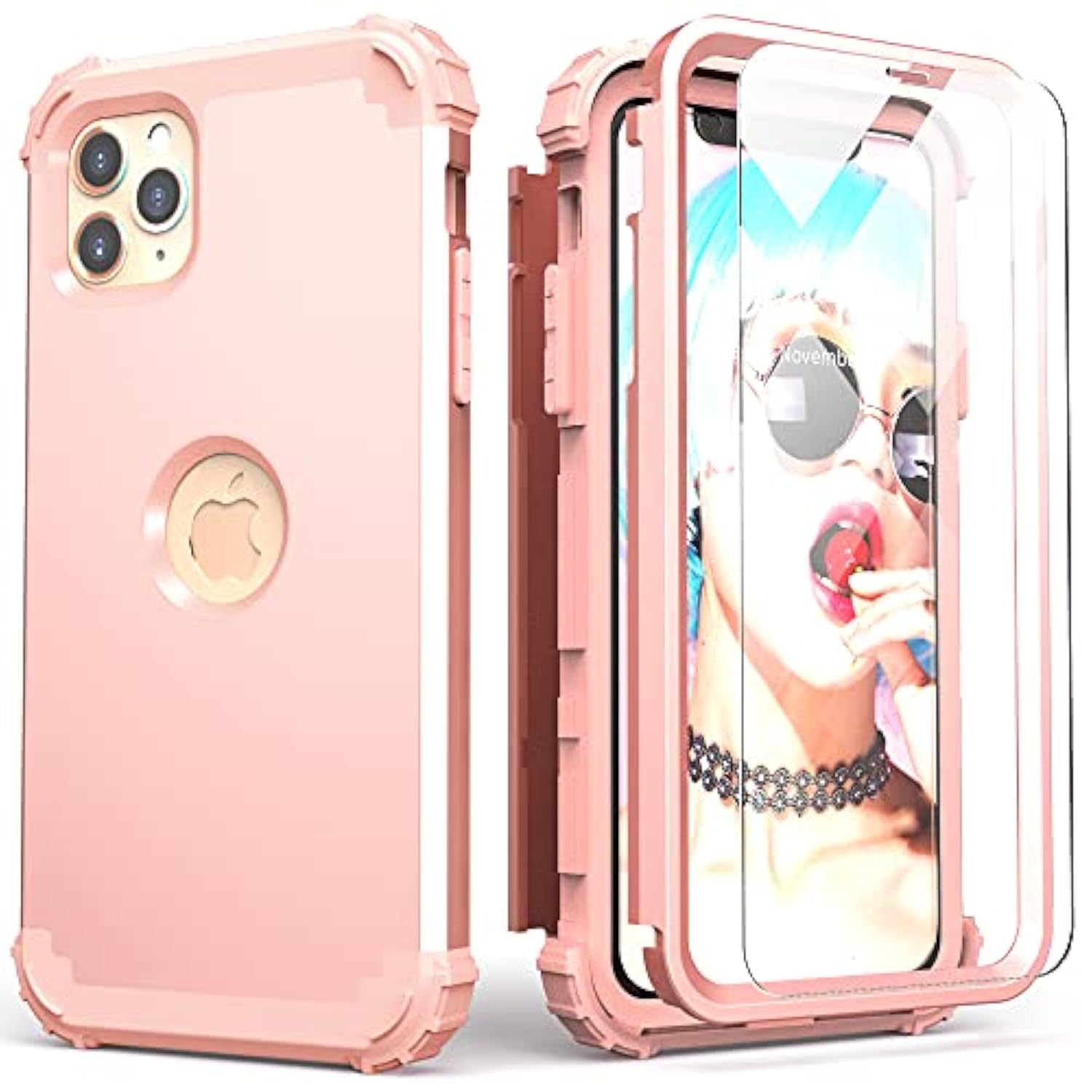 For 11 Pro Max Case With Tempered Glass Screen Protector,Hybrid 3 In 1 Shockproof Slim Fit Heavy Duty Protection Hard Pc Cover Soft Silicone Bumper Full Body Case, Rose Gold