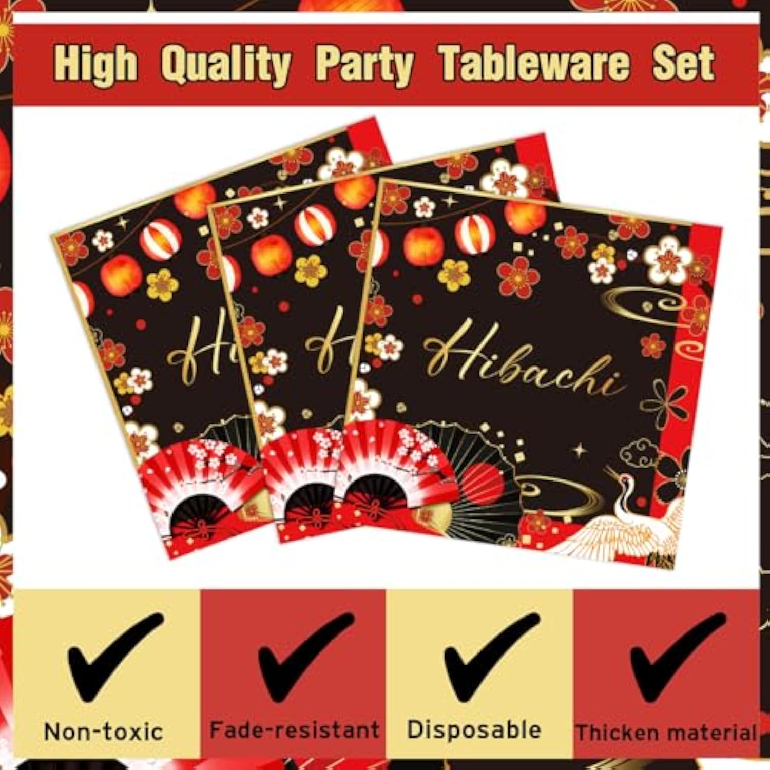 Hibachi Birthday Party Decorations - 96 Pcs Red Black Disposable Paper Dessert Plates Napkins Forks Tableware Set Oriental Crane Plum Folding Fans Japanese Supplies Favors Serves 24 Guests