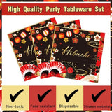Hibachi Birthday Party Decorations - 96 Pcs Red Black Disposable Paper Dessert Plates Napkins Forks Tableware Set Oriental Crane Plum Folding Fans Japanese Supplies Favors Serves 24 Guests