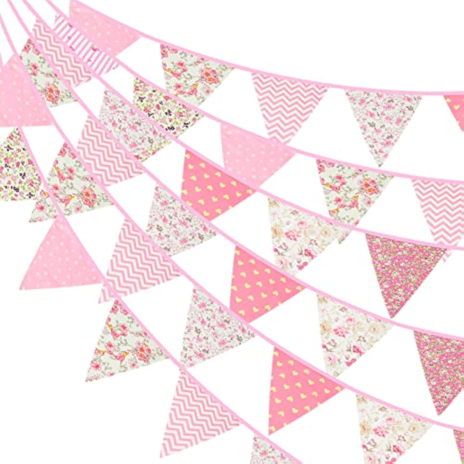 39Ft Triangle Bunting Banner, 42Pcs Tea Floral Party Bunting Cotton Fabric Flags Pennant Garlands For Birthday Party, Wedding, Baby Shower, Outdoor And Home Decorations (Pink)