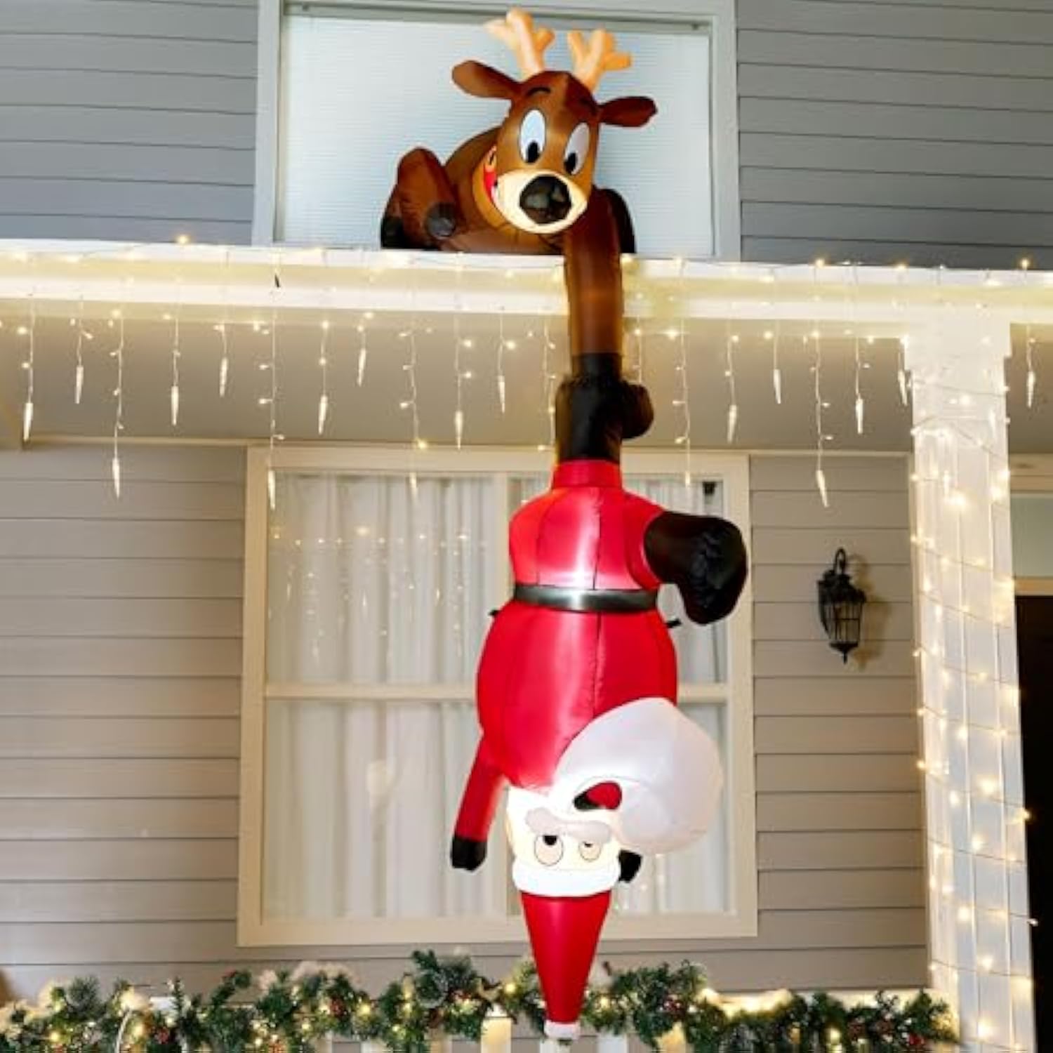 8 Ft Hanging Christmas Inflatables Decoration, Christmas Inflatable Reindeer And Climbing Santa, Blow Up Santa With Buil