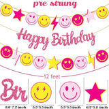 Preppy Birthday Party Decoration Rose Red Happy Birthday Banner Pink Yellow Smile Face Lightning Star Design Banners For Preppy Theme Birthday Party Bachelorette Party Supplies