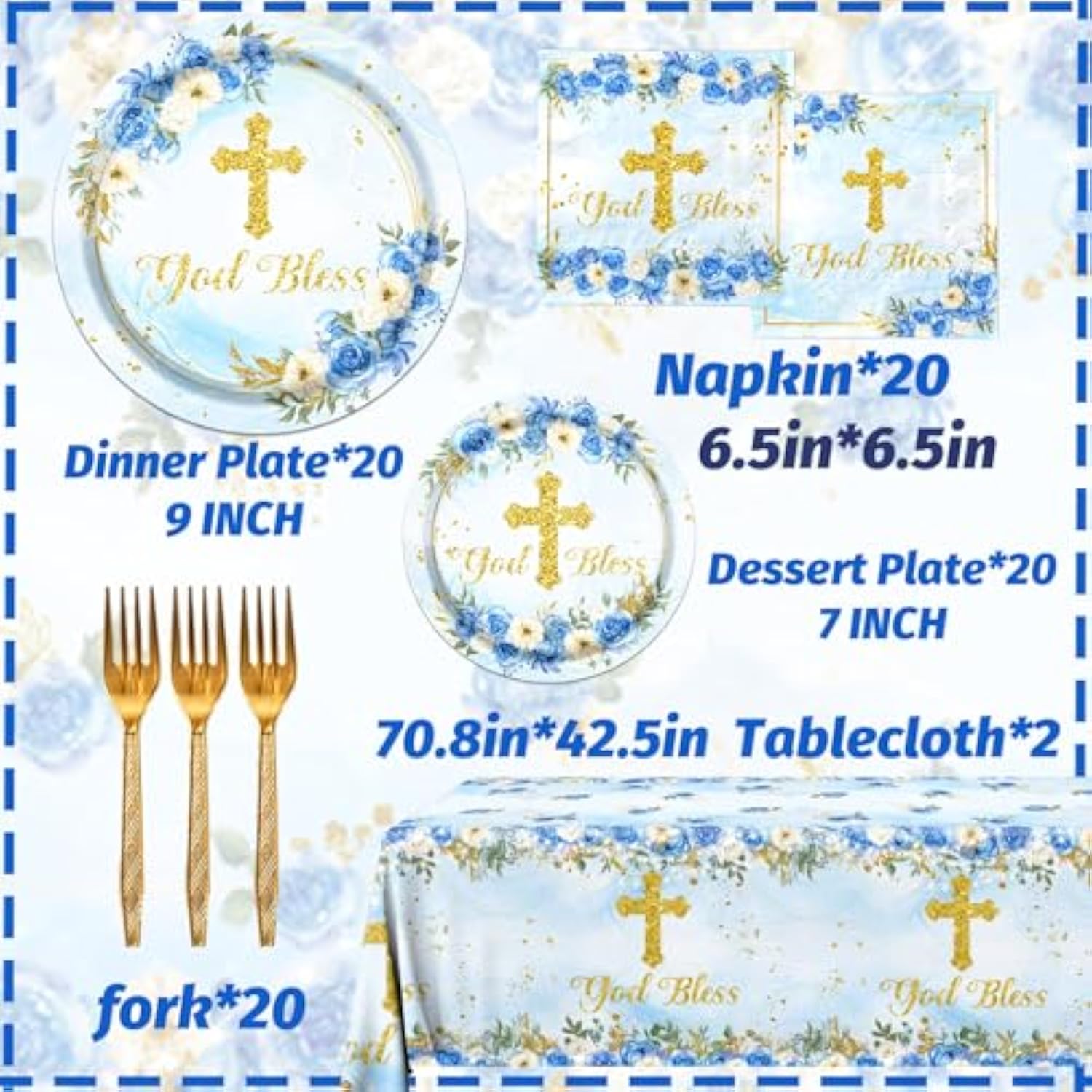 God Bless Plates And Napkins Baptism First Holy Communion Party Tableware Decorations For Boy Christening Ceremony Newborn Theme Disposable Plates,Tablecloth,Napkins And Forks