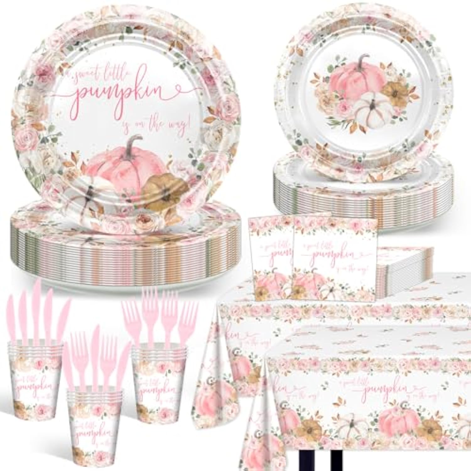 Pink Pumpkin Baby Shower Decorations: A Sweet Little Pumpkin On The Way Plates Napkins Cups Tableware Tablecloth Fall Baby Shower Decorations For Girl Serve 24