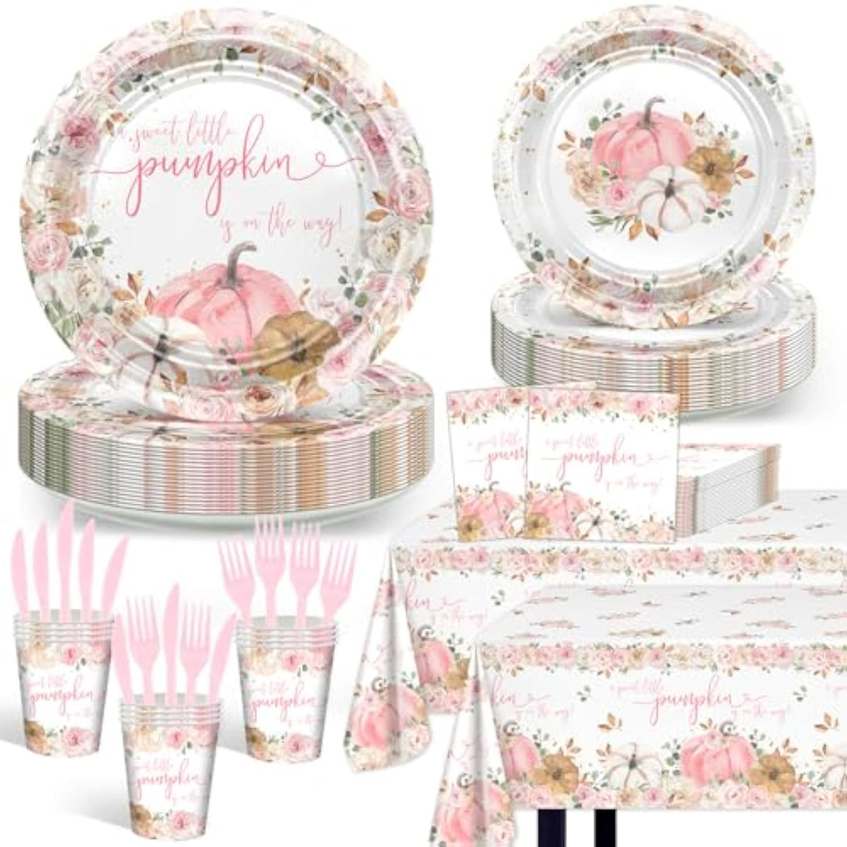 Pink Pumpkin Baby Shower Decorations: A Sweet Little Pumpkin On The Way Plates Napkins Cups Tableware Tablecloth Fall Baby Shower Decorations For Girl Serve 24