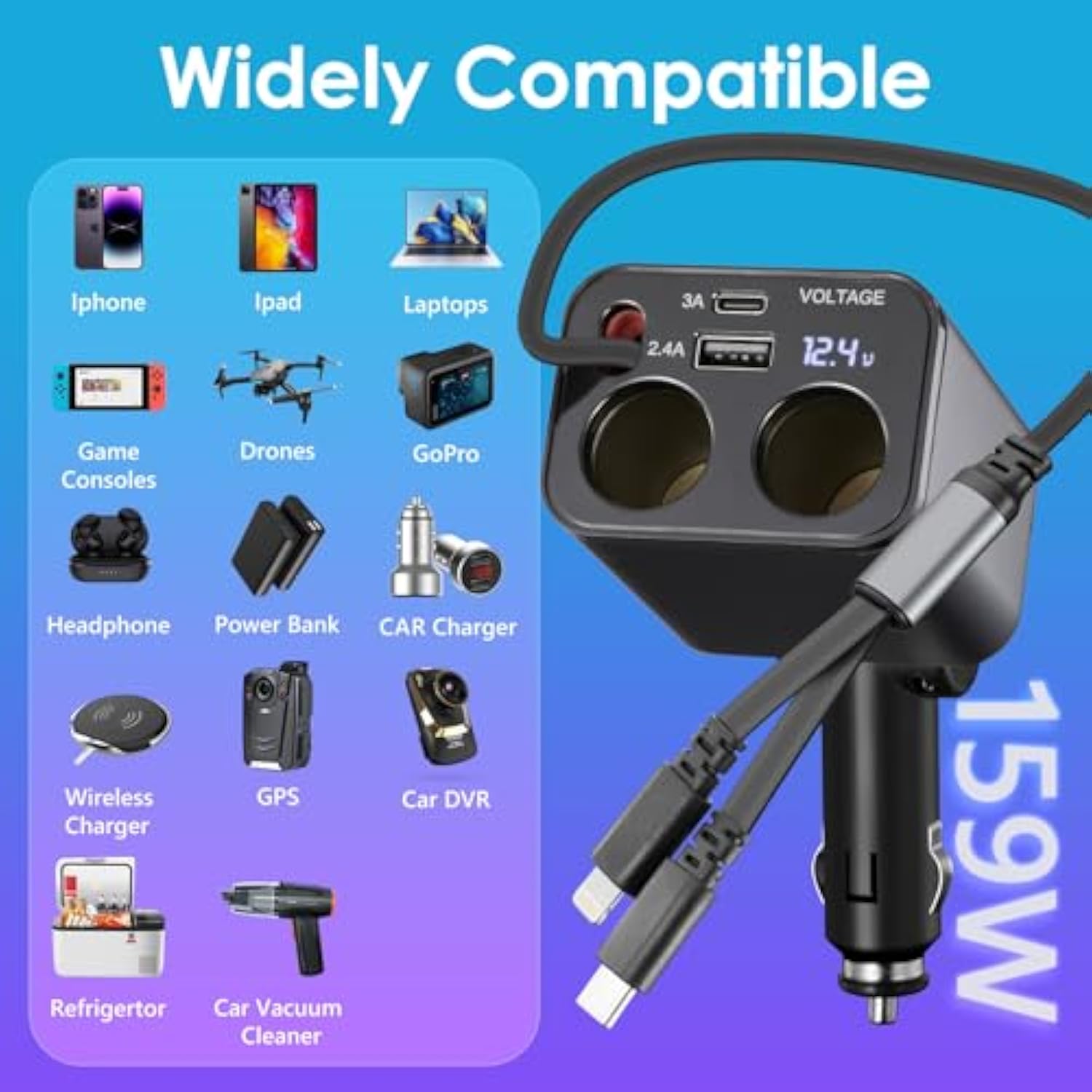 Retractable Car Charger,6 In 1 Fast Car Phone Charger 159W,Usb C And 2 Cigarette Lighter Adapter,Retractable Cables Compatible With Iphone 15/15 Pro Max/14/13/12/11, Galaxy, Pixel