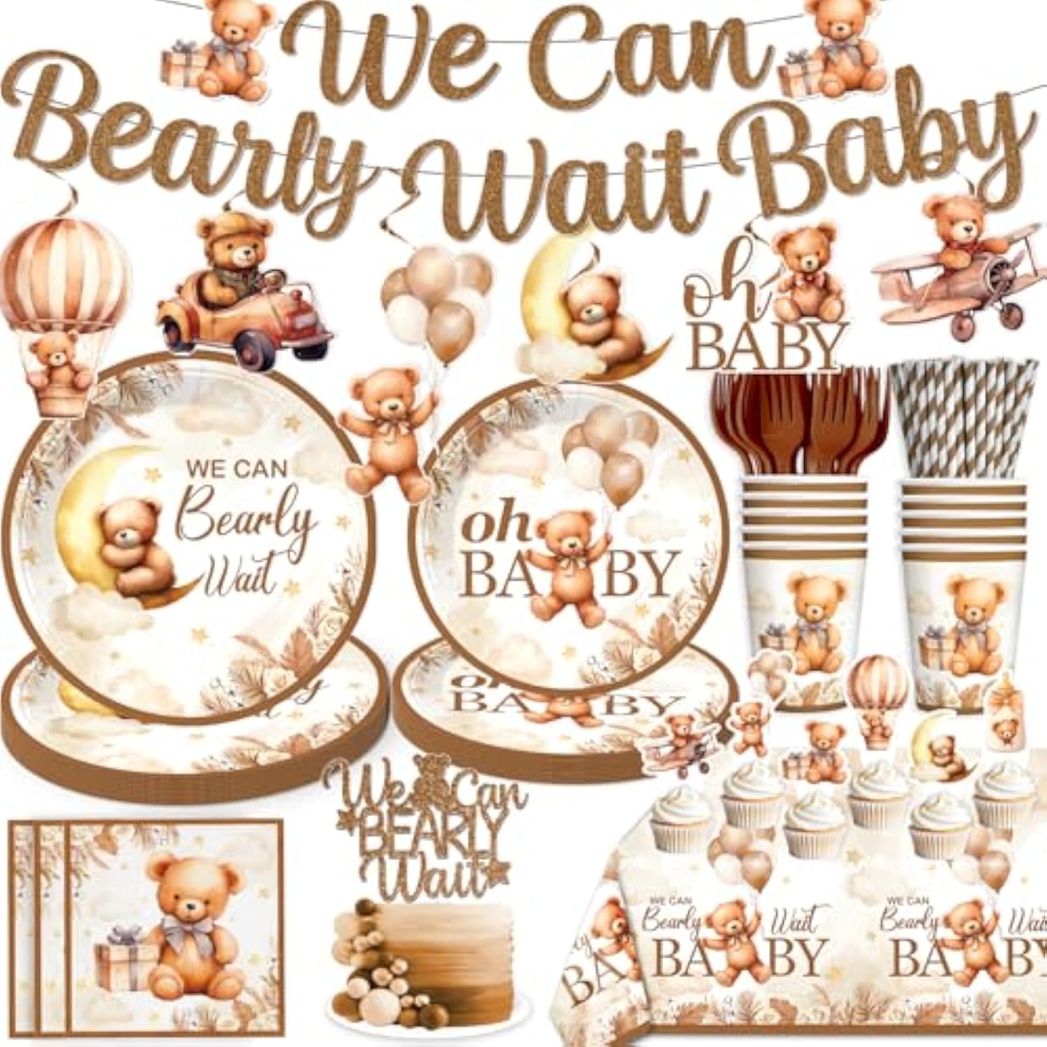 144Pcs Bearly Baby Shower Decorations Tableware Kit, Teddy Bear Baby Shower Decor, Bear Babyshower Decorations Boy Girls, For Barely Theme Party