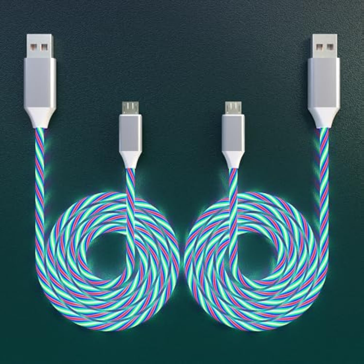2 Packs Micro Usb Cable Android Charger, 6.6Ft Led Light Up Glowing Micro Usb