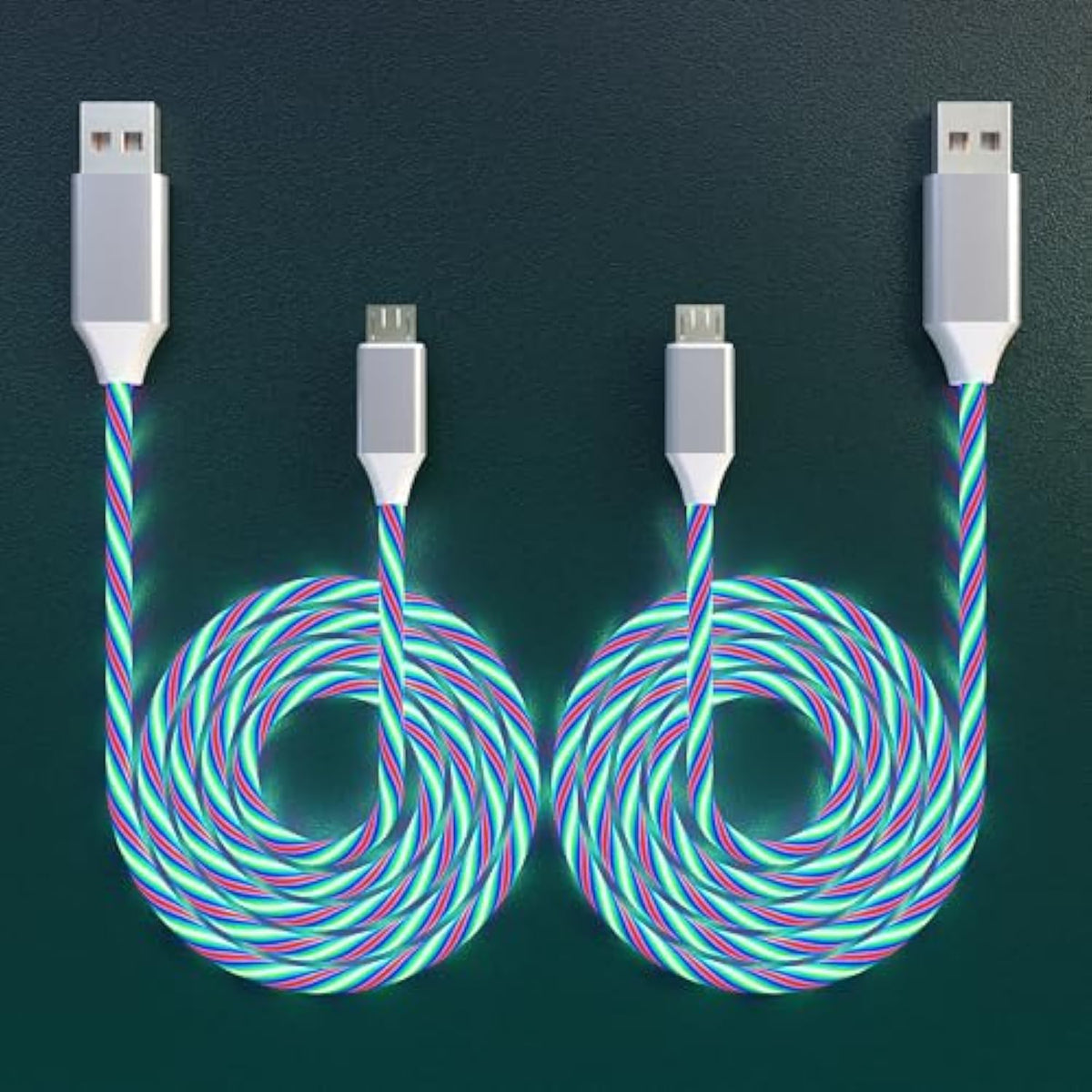 2 Packs Micro Usb Cable Android Charger, 6.6Ft Led Light Up Glowing Micro Usb