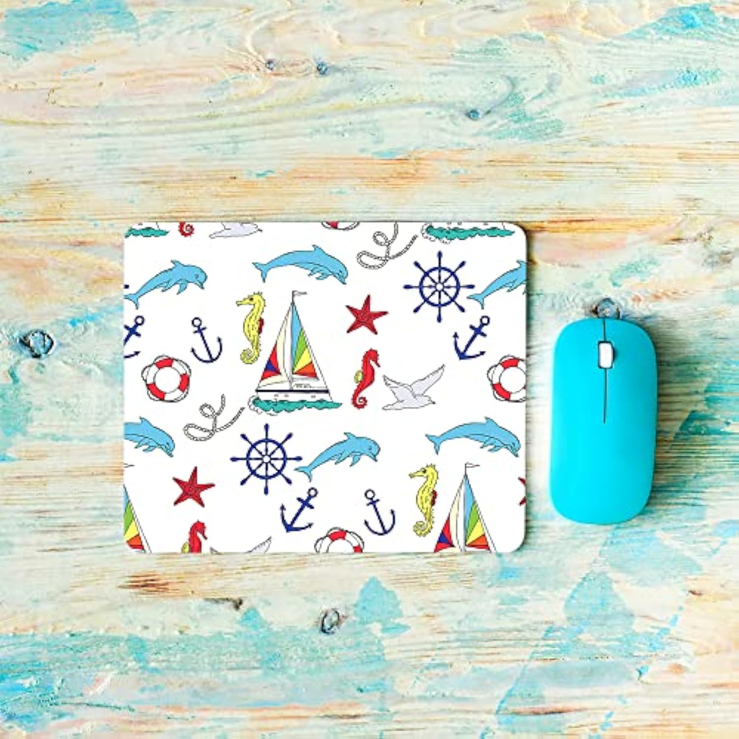 Nautical Pattern Mouse Pad Non-Slip Natural Rubber Base, 9.5X7.9 Inch Cute Ships And Seahorse Boats Dolphin Computer Mousepad Mouse Pads For Computers, Laptop, Gaming, Office & Home