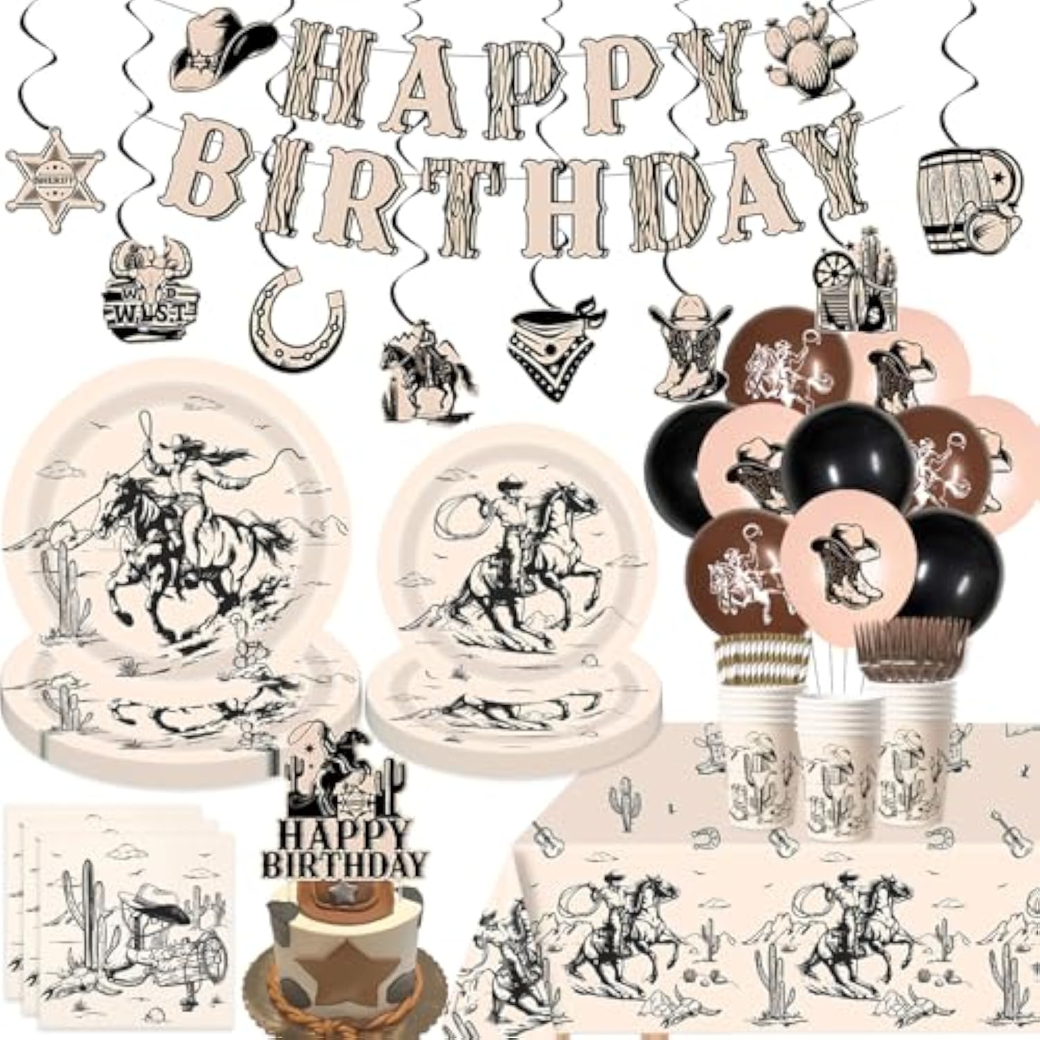 Western Cowboy Birthday Party Decorations Rodeo Wild West Party Supplies - Happy Birthday Banner, Hanging Swirl, Western Tablecloth, Rodeo Plates And Napkins Set For Cowgirl Party Decors