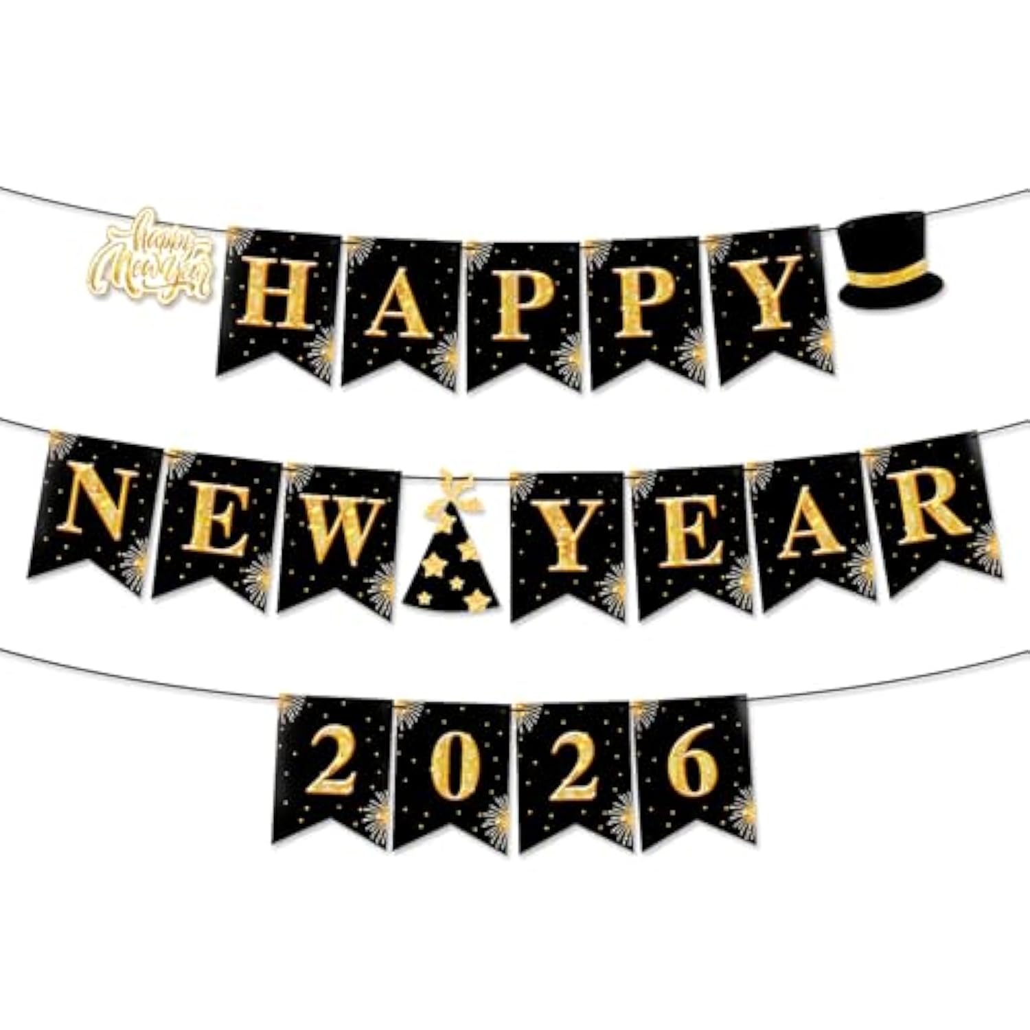 2026 Happy New Year Banner Black Gold Party Decoration Sign
