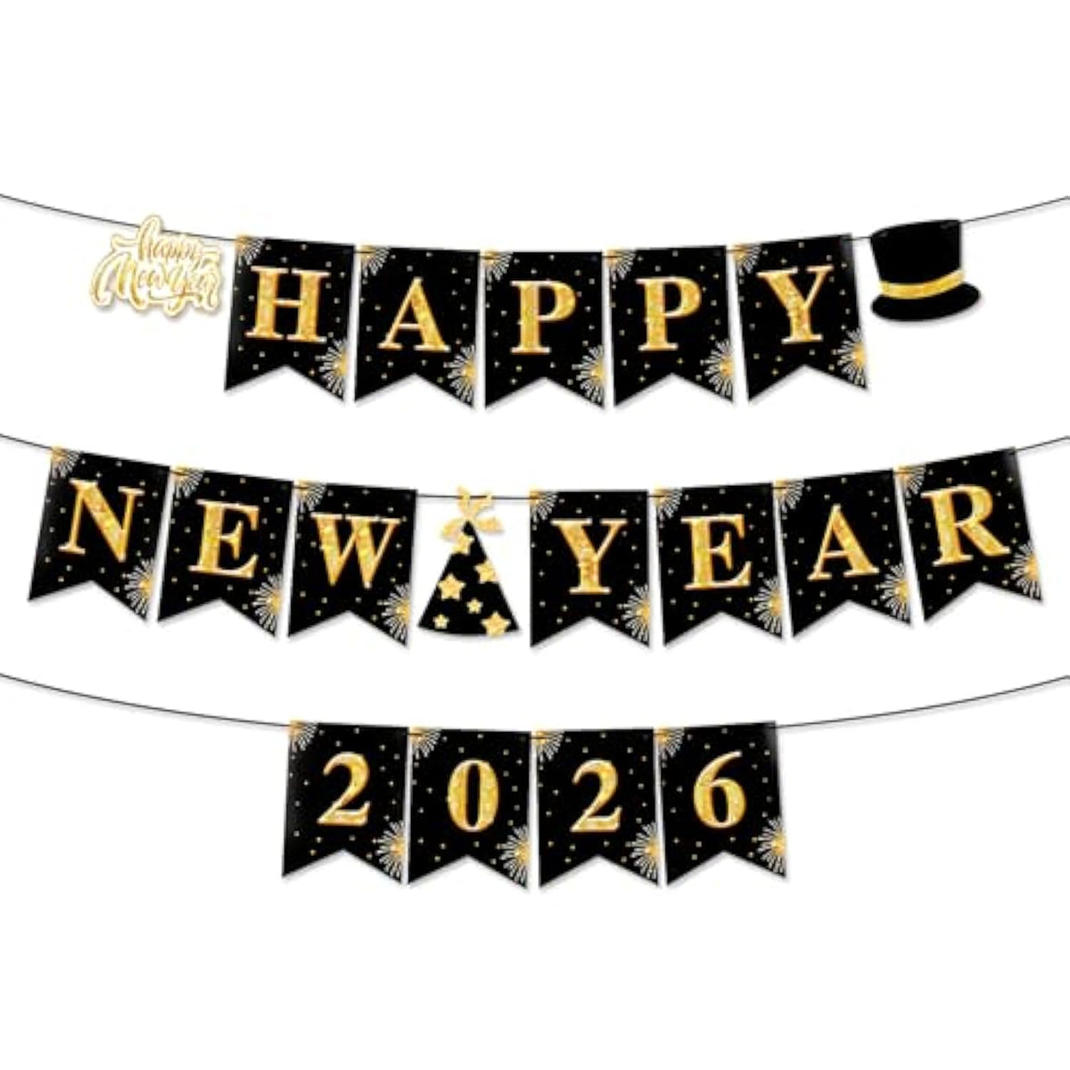 2026 Happy New Year Banner Black Gold Party Decoration Sign