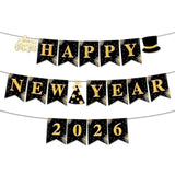 2026 Happy New Year Banner Black Gold Party Decoration Sign