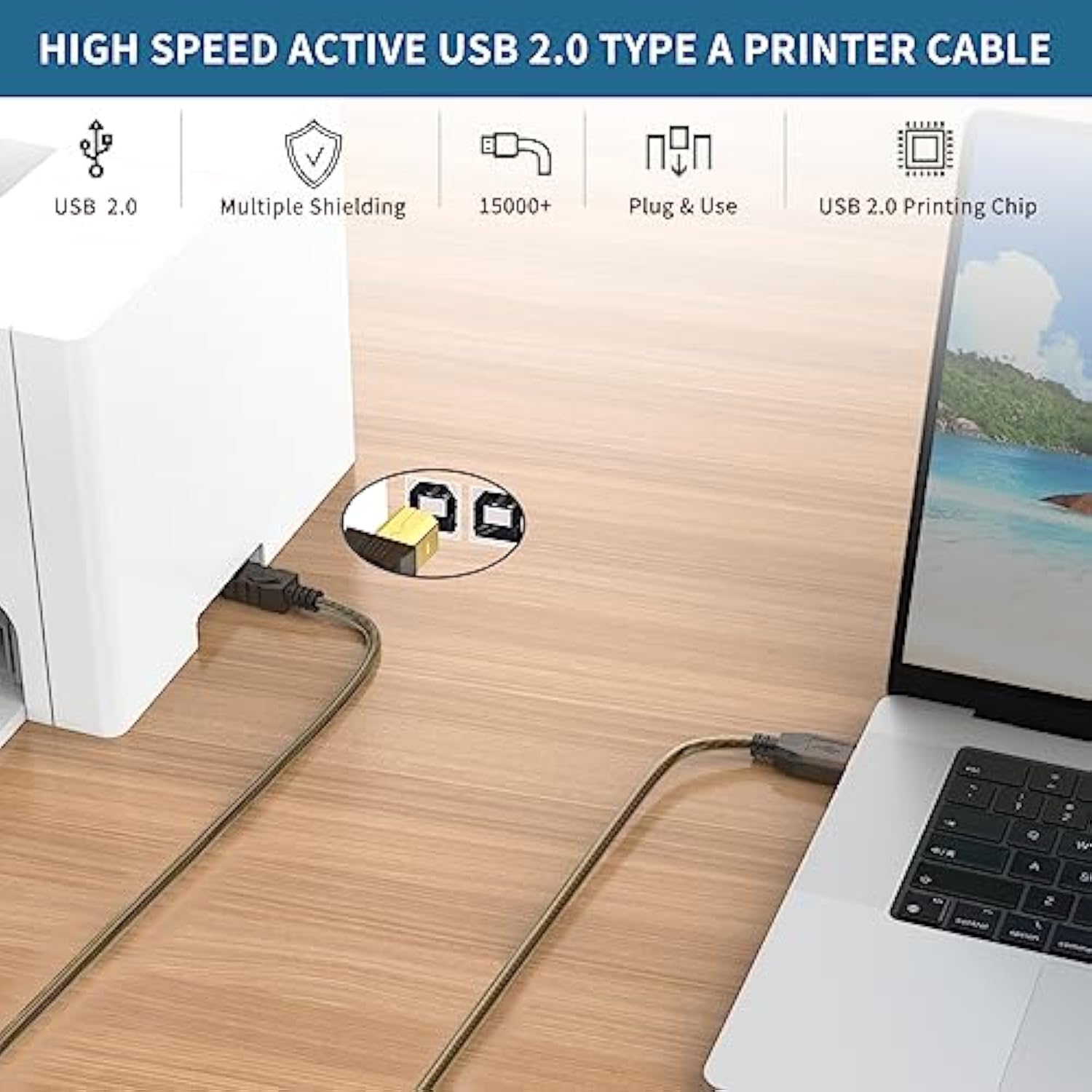 Printer Usb Cable 100Ft, Usb 2.0 Type A To Type B Printer Cord, High Speed Active Usb 2.0 Type B Printer Cable,Printer Usb Cable Compatible With Hp, Canon, Dell, Epson, Xerox