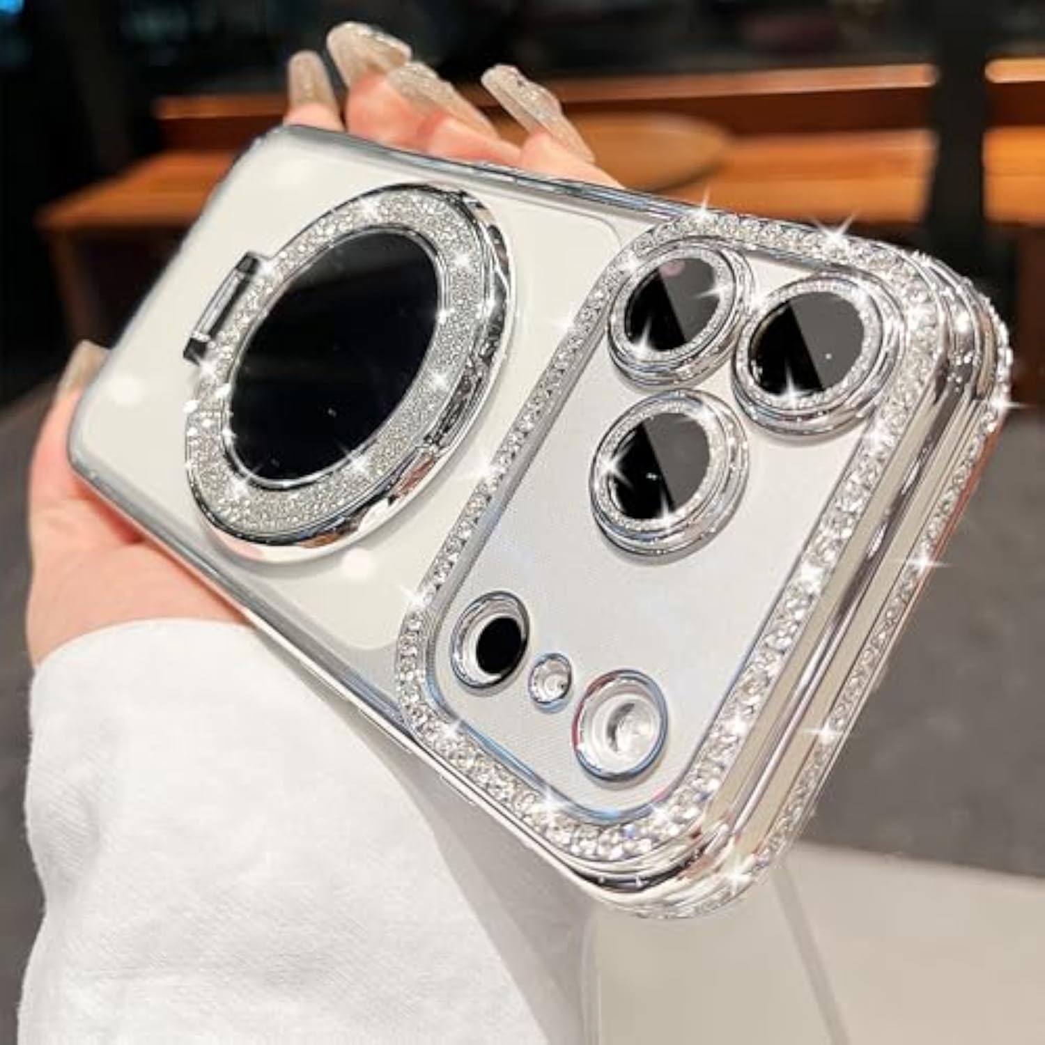 Clear Glitter Diamond Magnetic Case for iPhone 17 Pro Max with Sparkly Makeup Mirror Invisible Stand Ring, 6.9" Silver