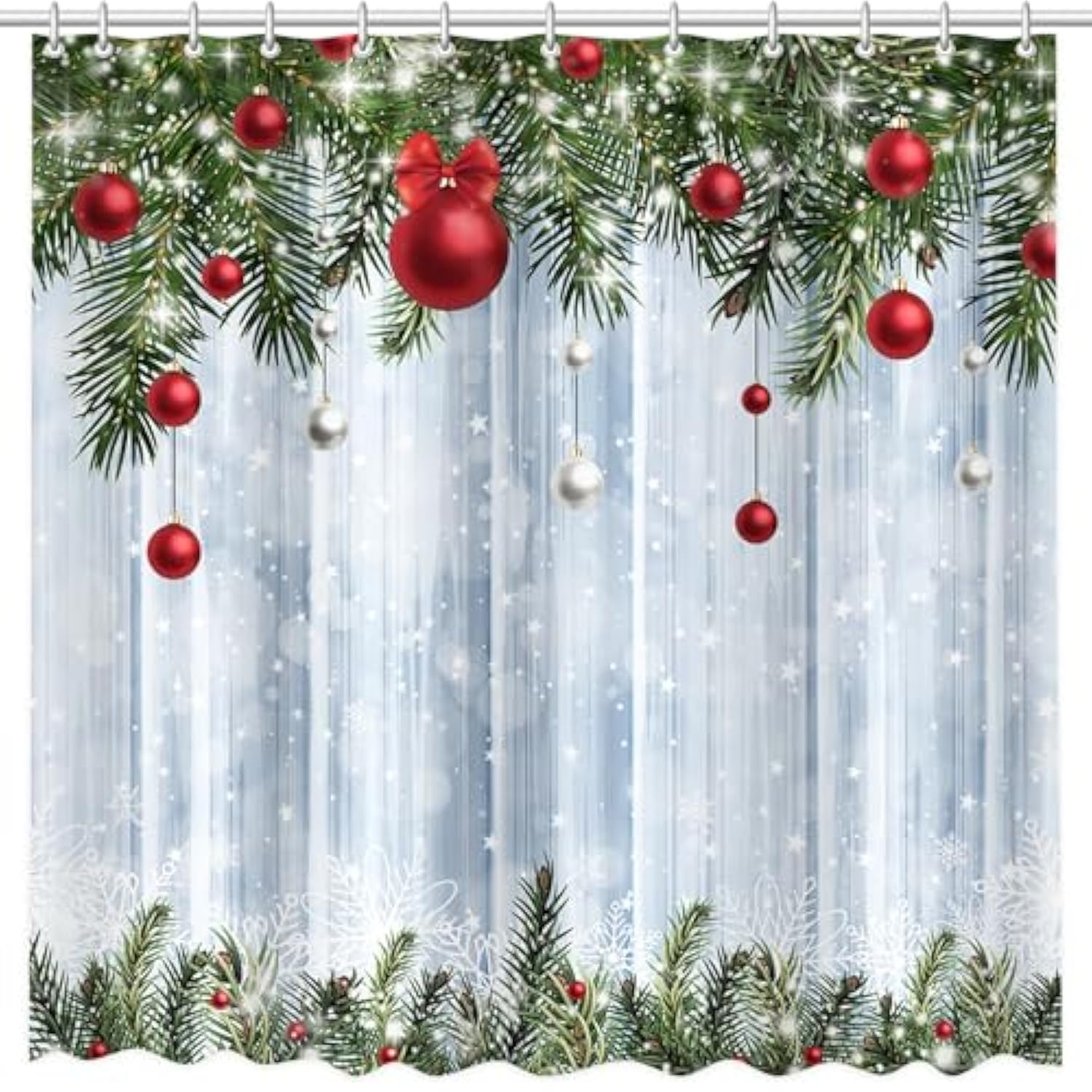 Christmas Shower Curtain,Winter Christmas Pine Farmhouse Rustic Wood Merry Xmas Shower Curtain,Pine Tree Xmas Ball Snowflake Holiday Bathroom Decor Curtains With 12 Hooks,72X72 In