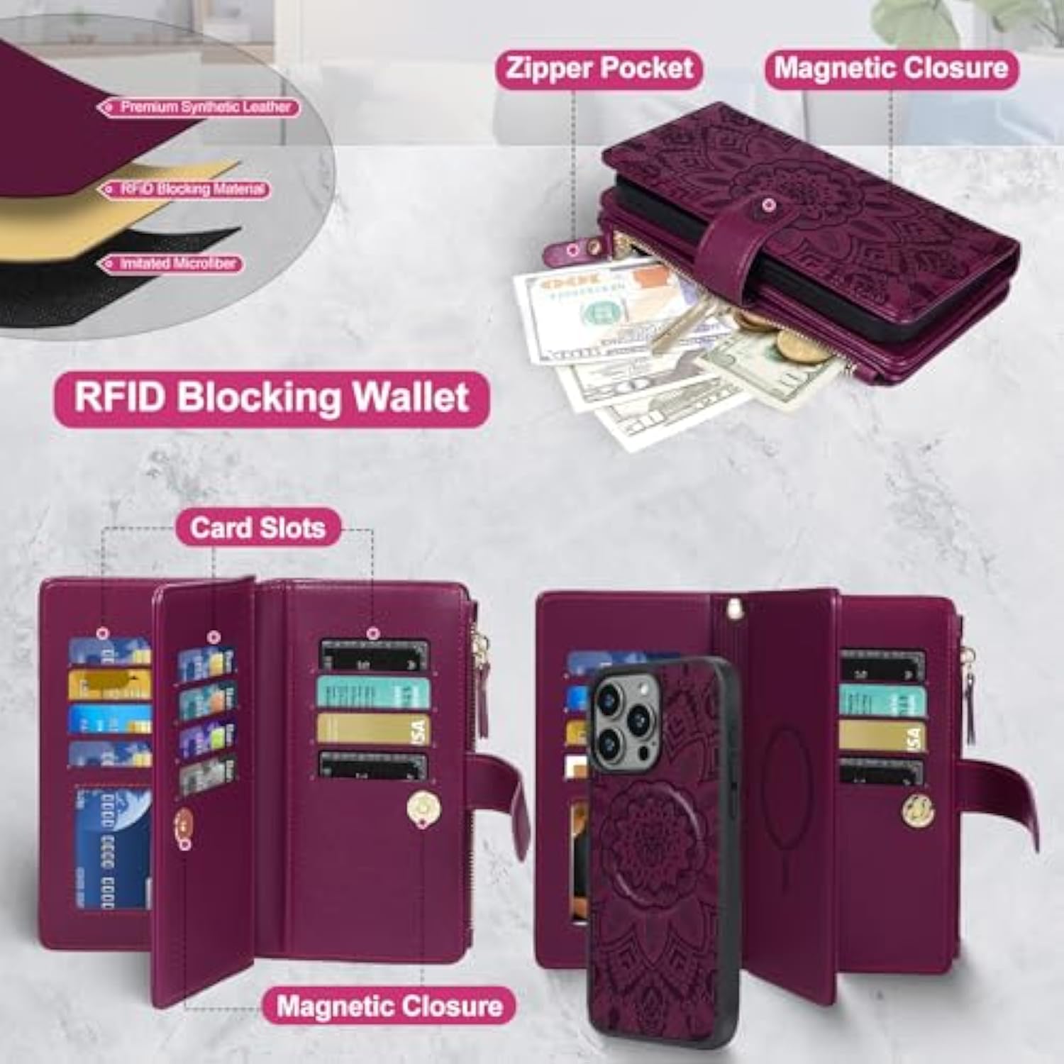 2 In 1 For Iphone 13 Pro Max Wallet Case Magnetic Compatible With Magsafe Rfid Blocking Card Holder Detachable Phone Cover Zipper Purse Kickstand Wrist Strap For Men Women 6.7" 2021 Floral Burgundy