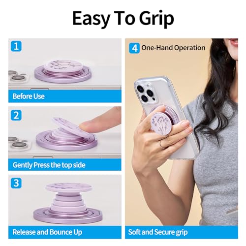 Cell Phone Grip for with Kickstand, Secure Hold for iPhone Cases, Adjustable Foldable Desktop Phone Holder Cradle Dock Compatible (141 Flower)