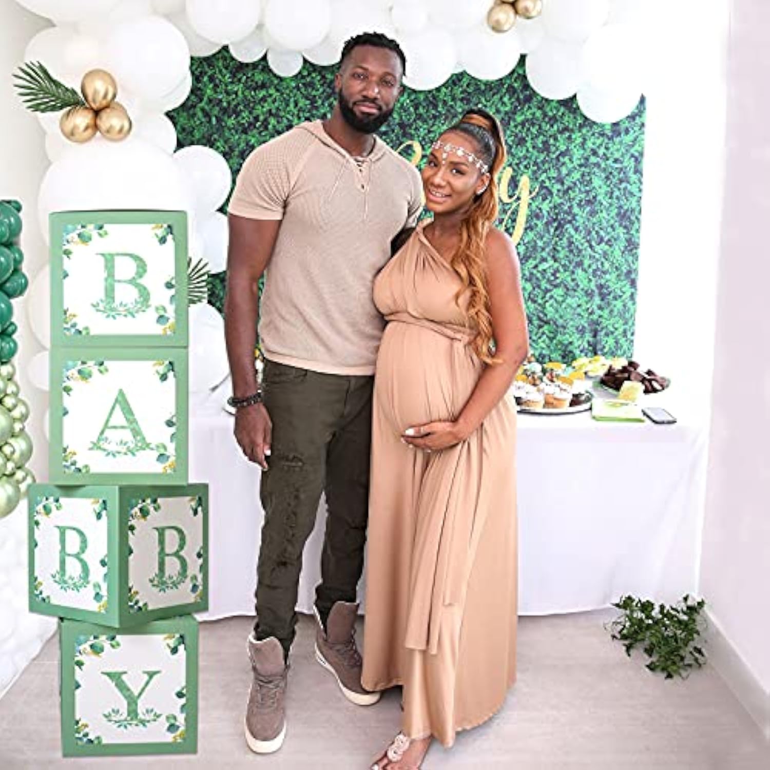 Sage Green Baby Shower Boxes: Gold "BABY" Letters, Eucalyptus Design