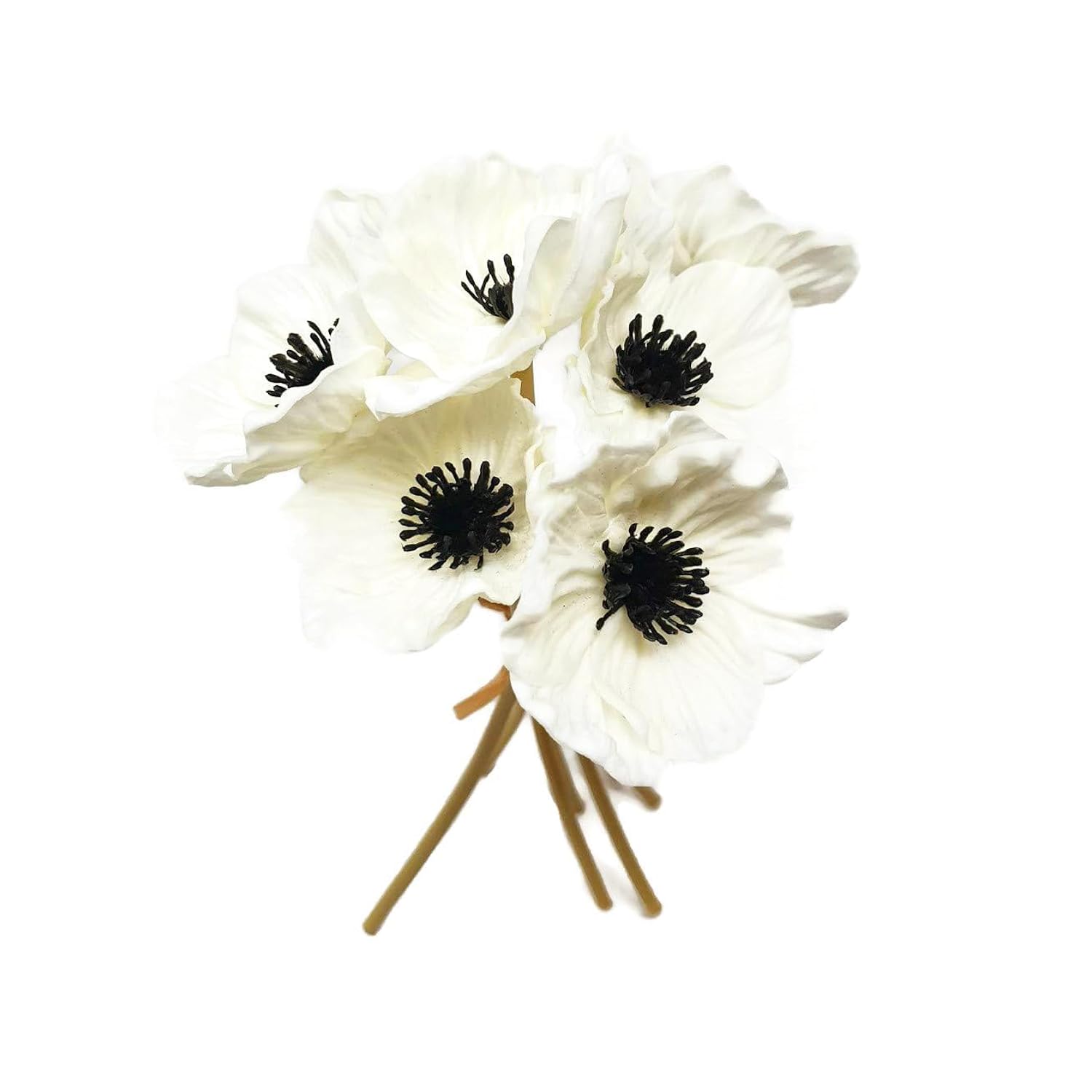 Real Touch White Anemone Bouquet - 10" Artificial Flowers For Home Decor, Weddings, Easter | Bendable Stems With Black Centers (7 Pack, Latex)