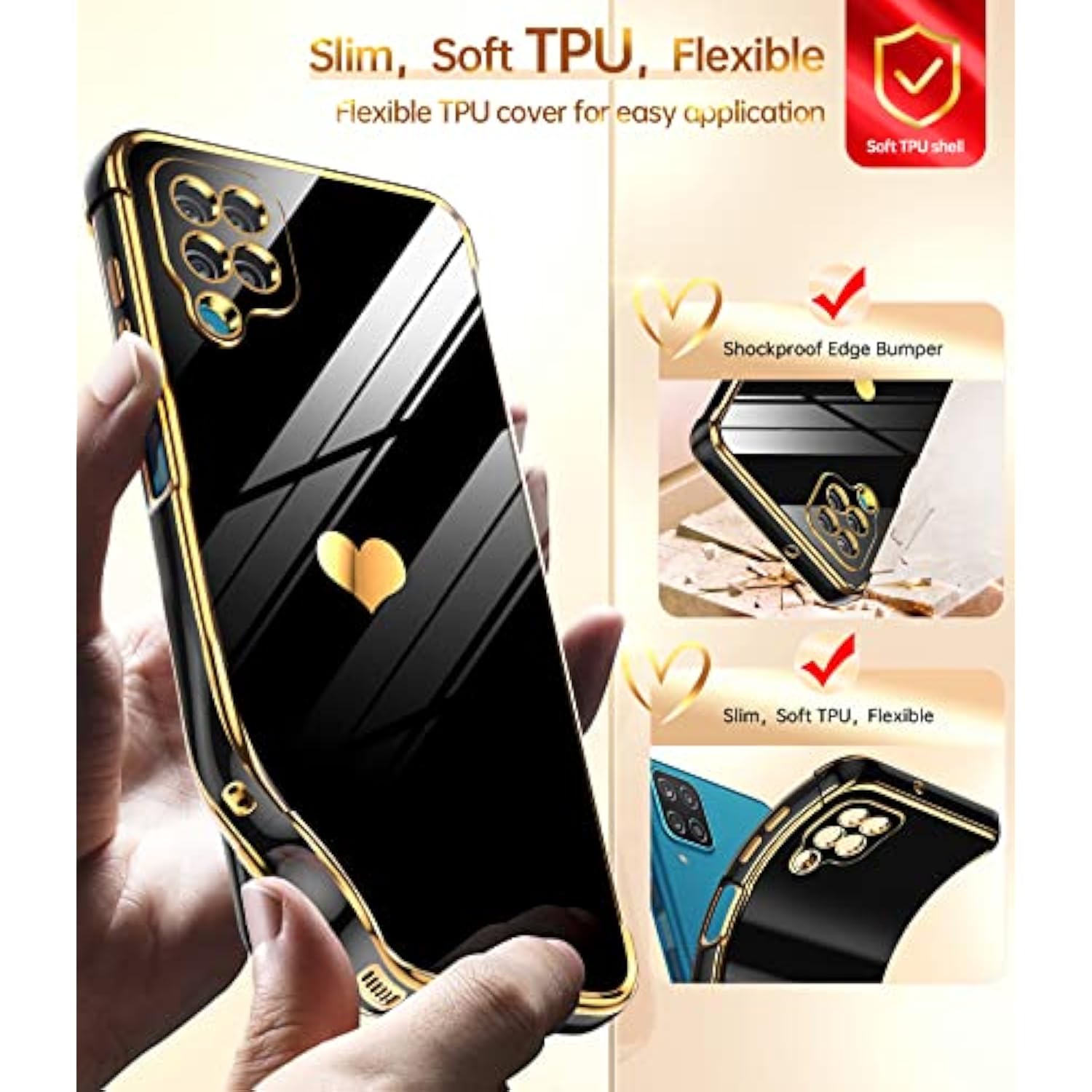 For Samsung Galaxy A12 Case: With Tempered Glass Screen Protector [2 Pcs]+ Full Camera Lens Protection, Love Heart Plating Girly Women Cute Luxury Soft Tpu Shockproof Case For Samsung A12, Black