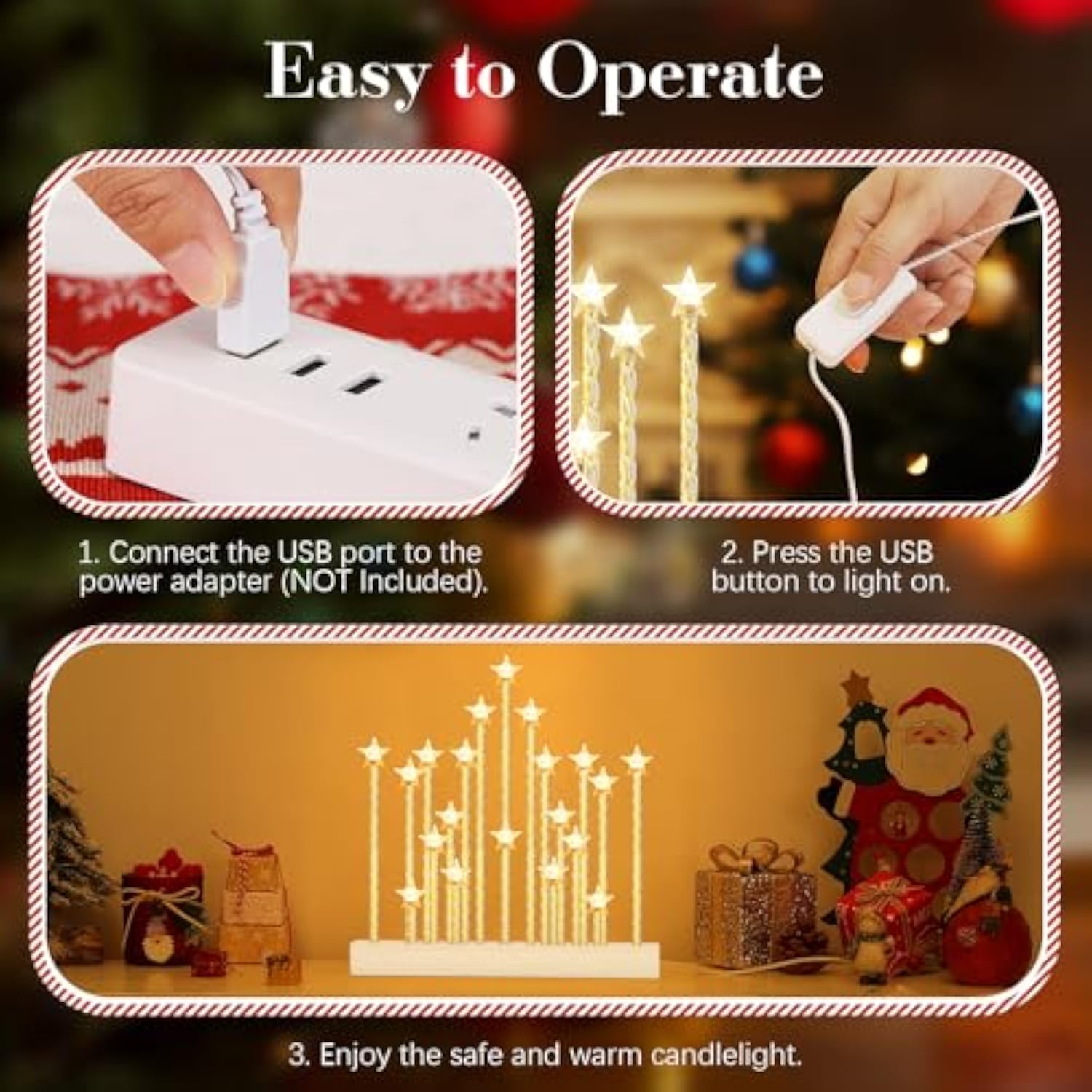 Christmas Swedish Candelabra, Star Flameless Candles With 20 Led Taper Electric Candles, Usb Powered Christmas Window Candle Light For Xmas Decoration Wedding Gift,White