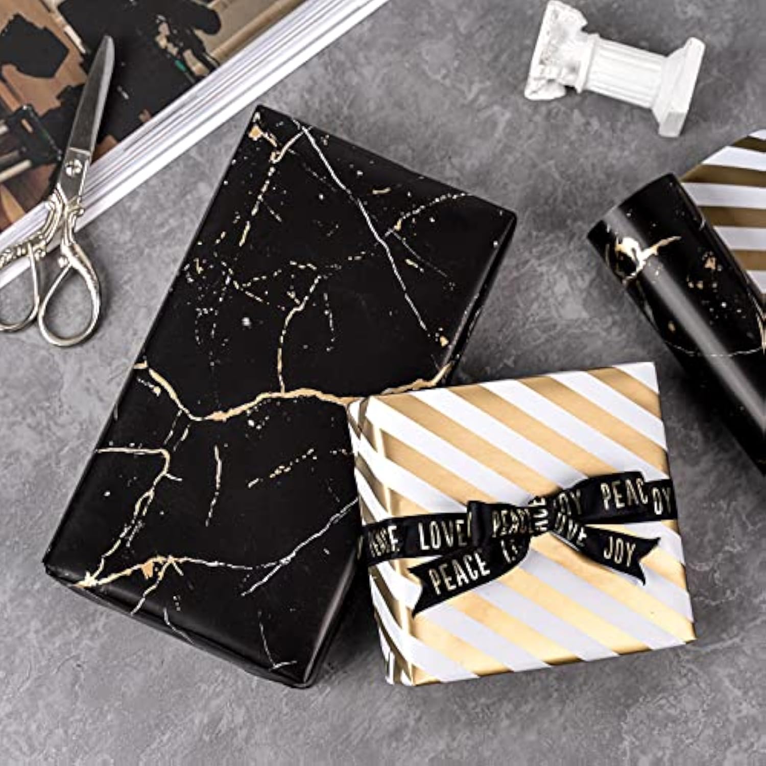 Reversible Wrapping Paper - Mini Roll - 17 Inch X 33 Feet - Black And Gold Marble Design, Perfect For Birthday, Holiday, Father'S Day, Baby Shower