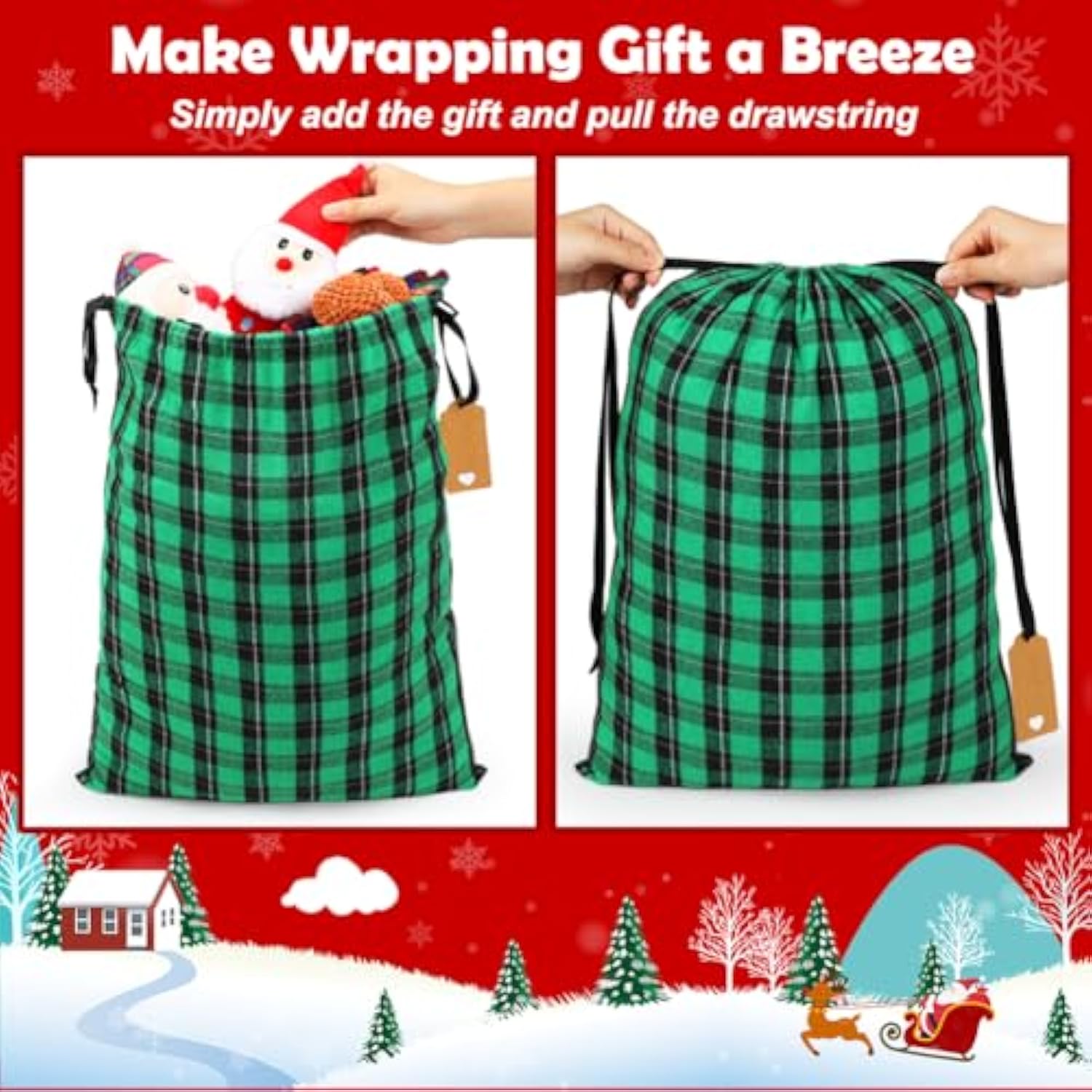 Big Fabric Christmas Gift Bags 20X15 15X12Inch, 6Pcs Cotton Gift Wrapping Sacks Cloth Pouches For Xmas Presents Party Favor