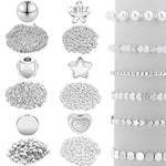 1200 Pieces Spacer Beads Set Star Round Ball Rondelle Faceted Spacer Heart Flower Flat Disc Loose Beads For Bracelet Charms Jewelry Making(White Gold)