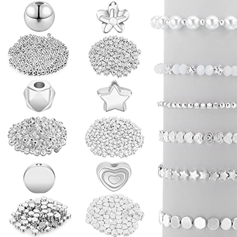 1200 Pieces Spacer Beads Set Star Round Ball Rondelle Faceted Spacer Heart Flower Flat Disc Loose Beads For Bracelet Charms Jewelry Making(White Gold)