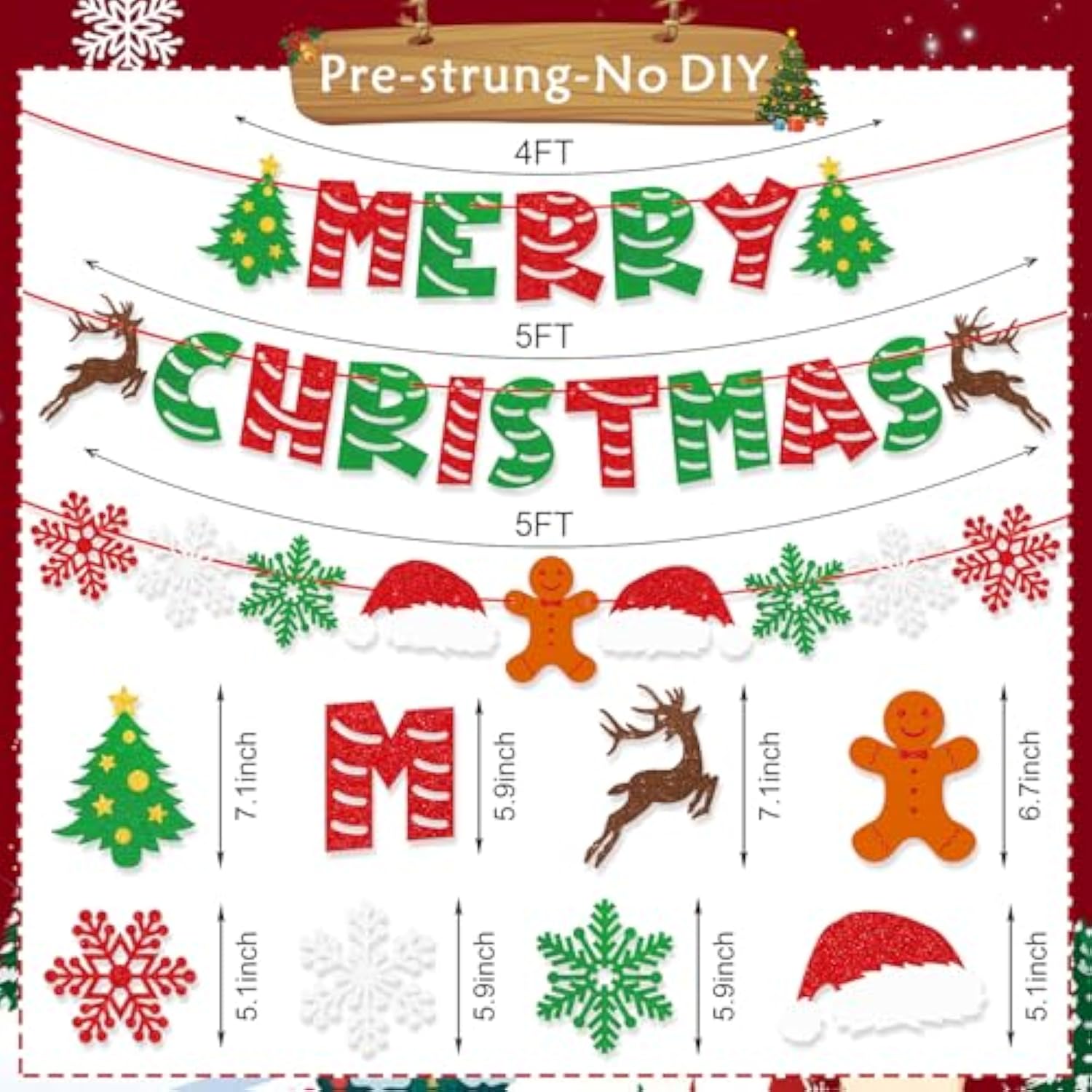 Pre-Strung Glitter Merry Christmas Banner For Christmas Decorations, With Santa Hat, Christmas Tree, Reindeer, Snowflakes, And Gingerbread Man, Christmas Party Supplies, Green