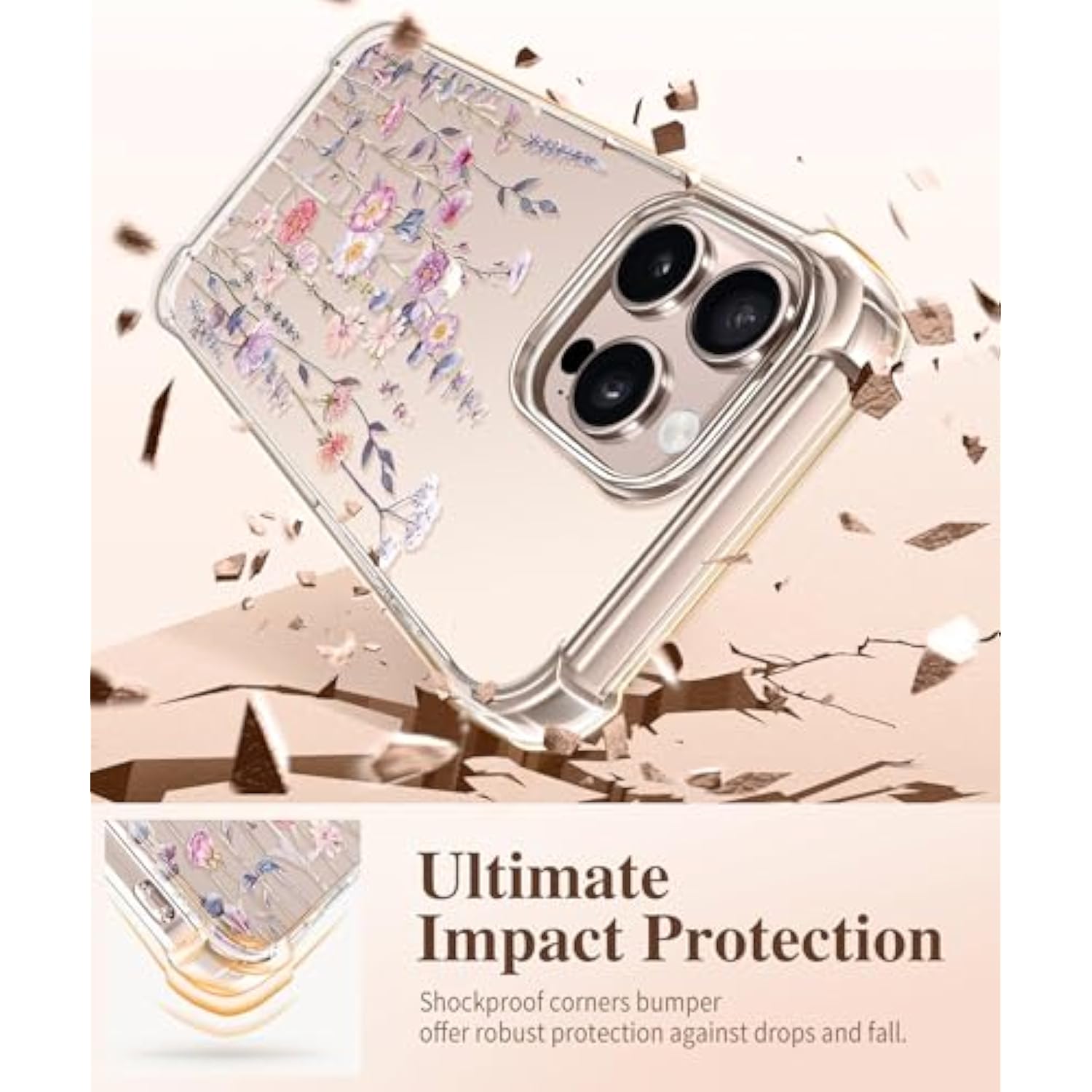 iPhone 16 Pro Case with Screen & Camera Protector, Floral Slim Shockproof 6.3''