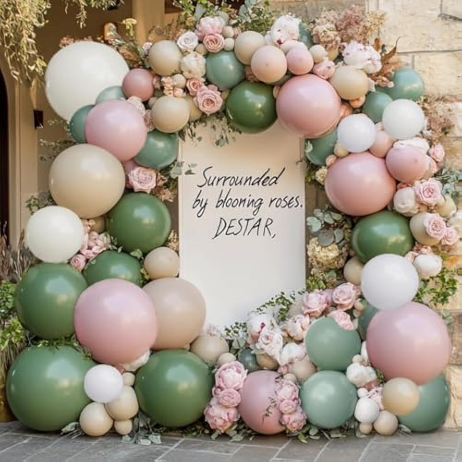 Sage Green Pink Balloon Garland - Double Stuffed Dusty Pink Green White Sand Balloons Dusty Rose Cream Balloon Arch Kit For Birthday Baby Shower Wedding Wild Flower Easter Party Decorations