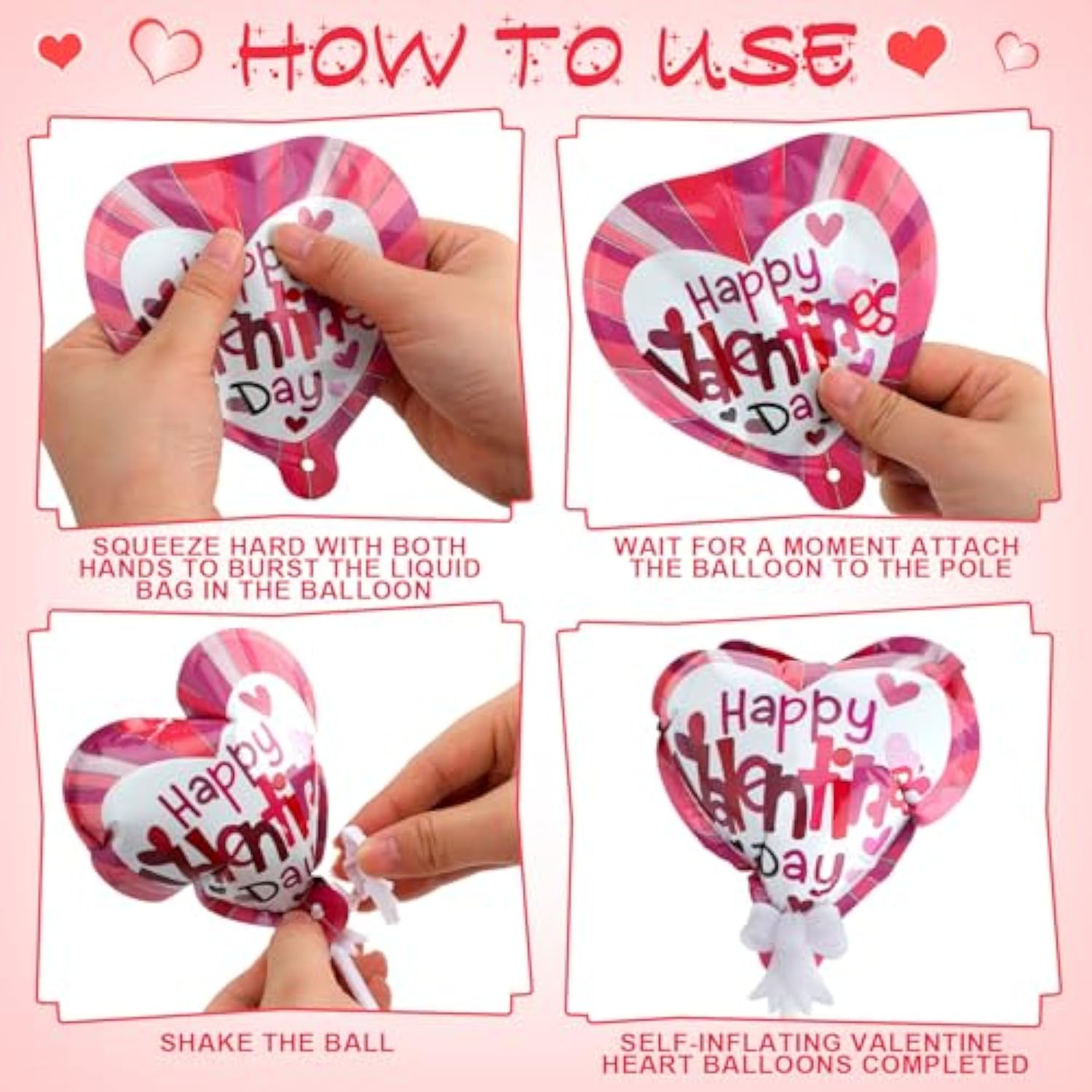 24 Pcs Valentine‘S Day Balloons Self Inflatable Heart Balloons With Bow Rod 4 Inch Valentine Decoration For Wedding Birthday Engagement Party Supplies