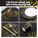 186-Piece Black Gold Party Tableware Set Serves 25 Plates Napkins Cups Cutlery